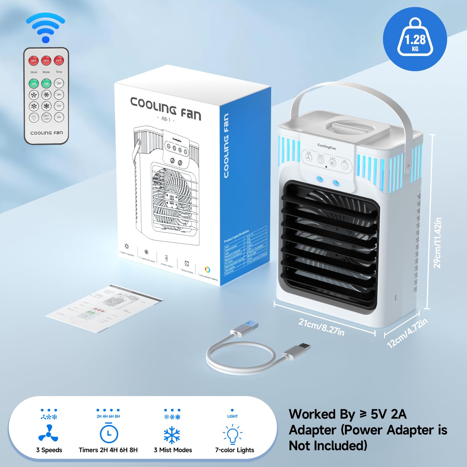 1200ml Aire Acondicionado Portatil con Mando, 5 en 1 Mini Aire Acondicionado, 3 Velocidades, 3 Modos de Nebulización, Luz de 7 Colores, Temporizador de 2-8H, Enfriador de Aire Portátil Interior — view 8