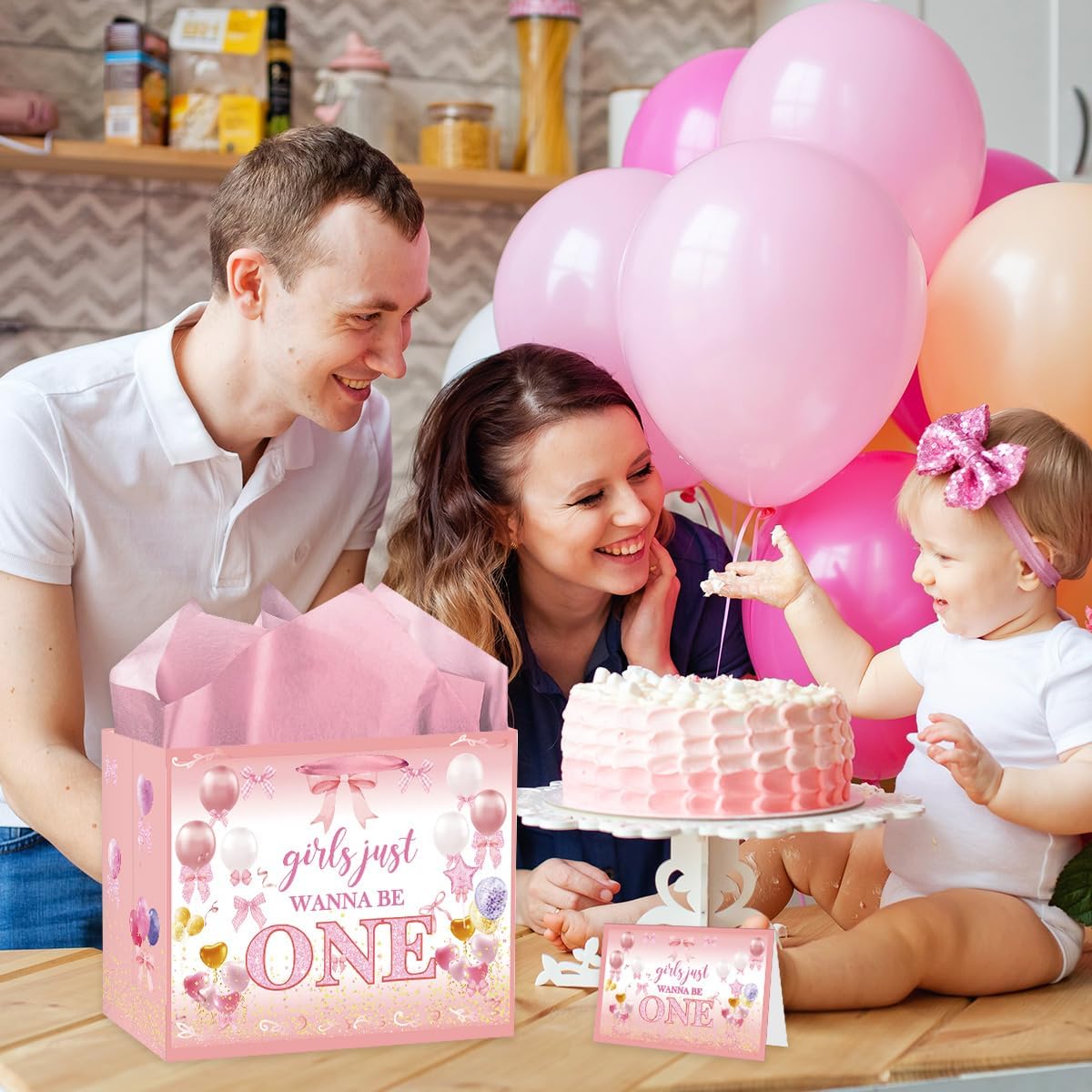 Koazava Pink Bow 1 St Birthday Gift Bag, Girls Just Wanna Be One Birthday Decorations for Baby Girls, 1 Year Old Girl Gifts with Wrapping Paper Card for Baby Shower Party Favors - Image 7