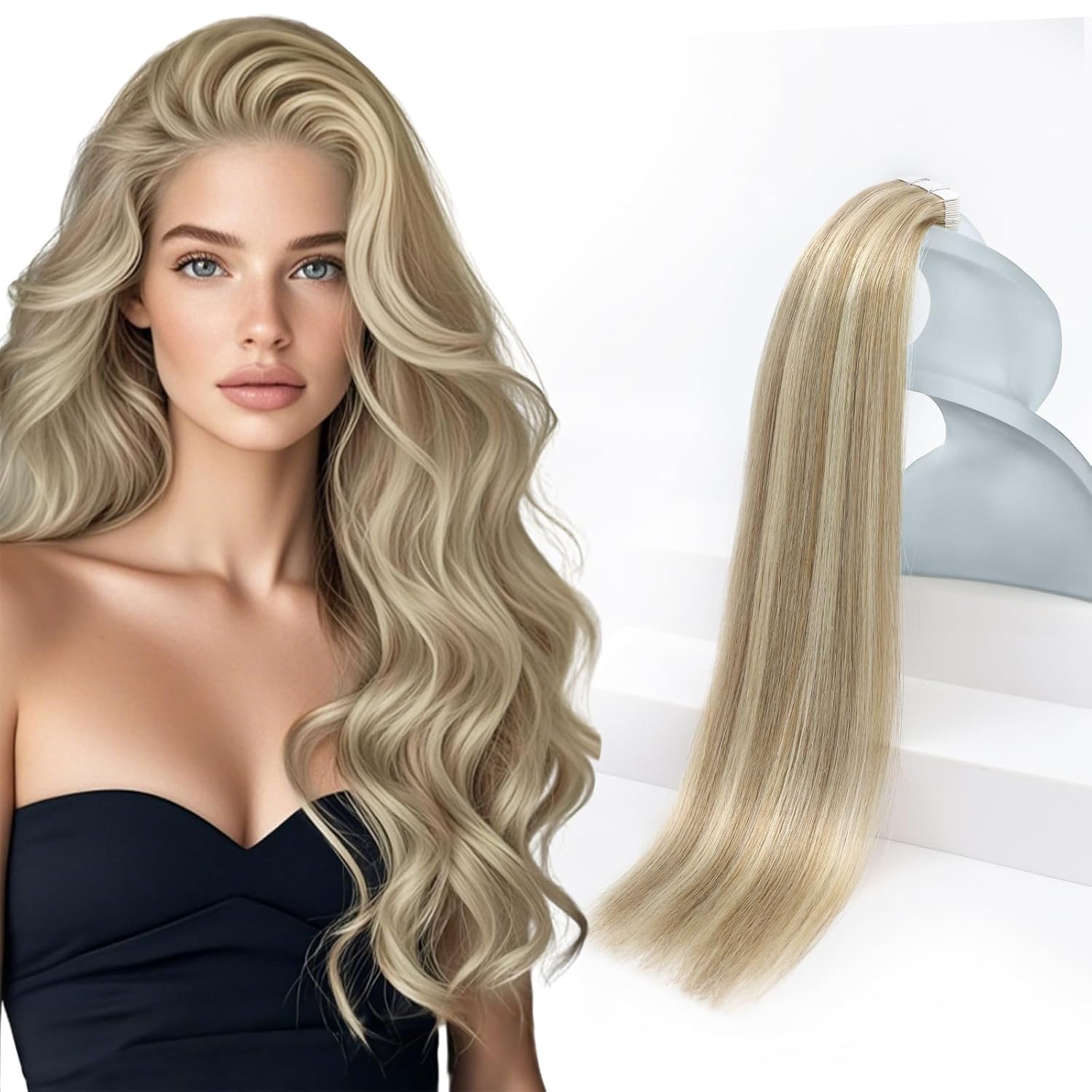 Sunny Hair Tape in Hair Extensions Real Human Hair Invisible Remy Hair Extensions Tape ins for Women Lightest Brown Highlight Platinum Blonde 14 inch 20Pcs 50G