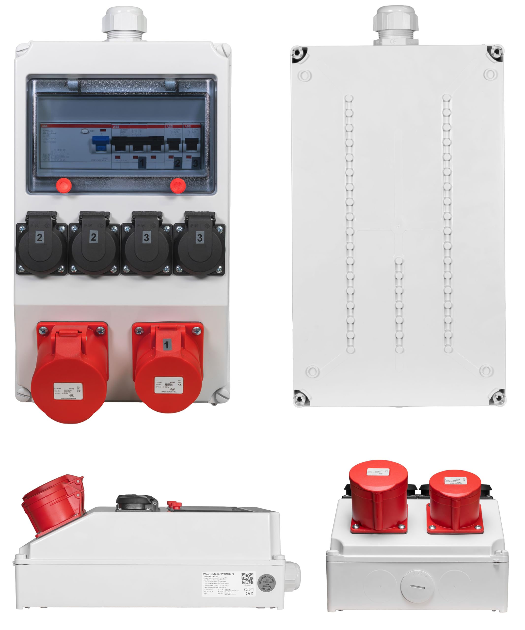 JÄGER Votha Wolfsburg - Distribuidor de pared, caja de distribución de pared (montaje en superficie, con cable ABB FI & LS, 2 x CEE 16 A/32 A 400 V, 4 x enchufes de 16 A 230 V, VOTHA Wolfsburg