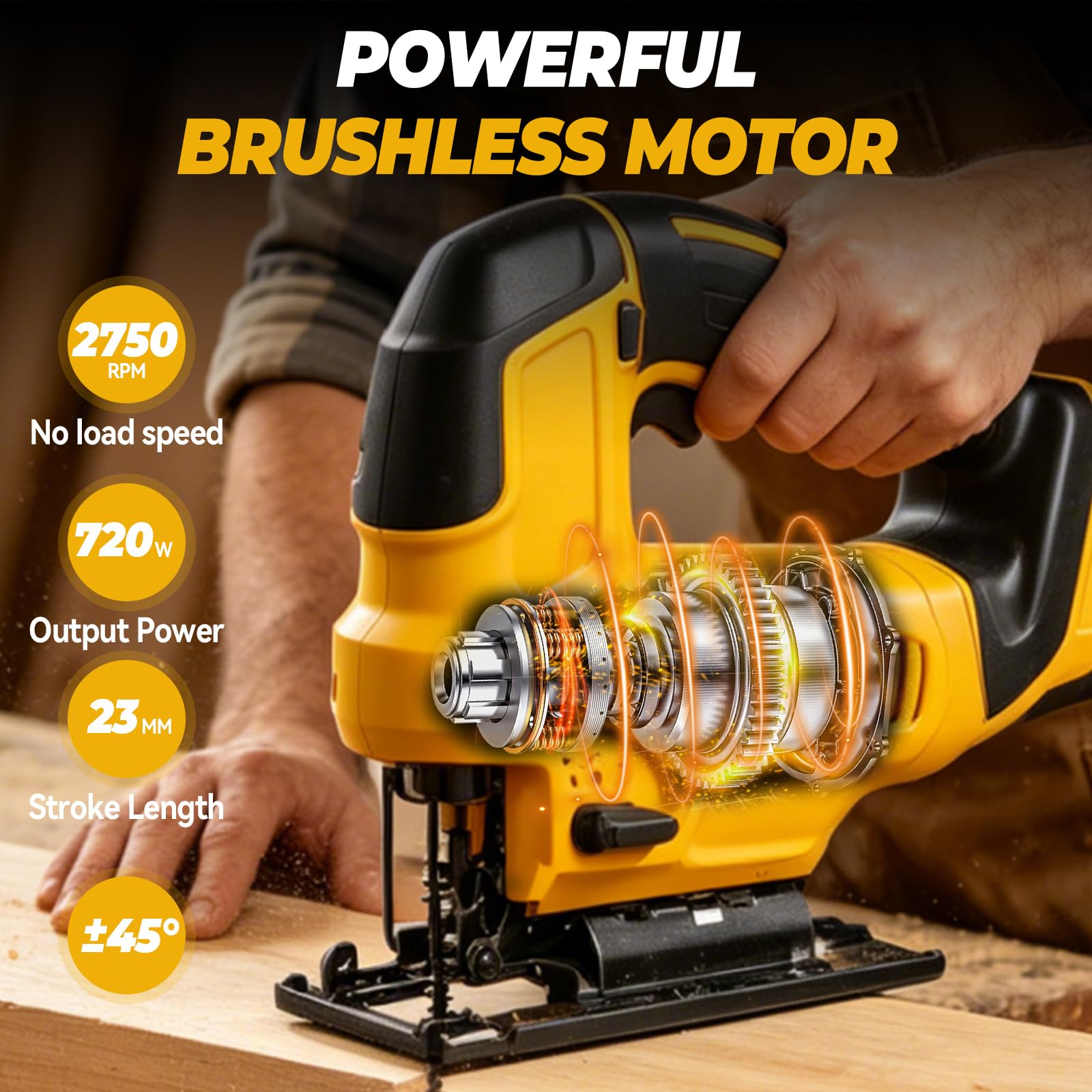 Sierra de calar inalámbrica compatible con baterías DEWALT de 18 V/20 V, 20.000 rpm, motor sin escobillas, 4 posiciones de carrera, regulación de velocidad continua, carrera de 23 mm, 0-2750 carreras