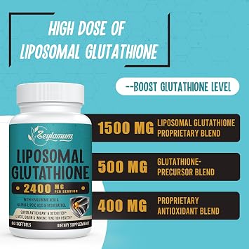 2400 MG Liposomal Glutathione Softgels, Advanced Liposomal Delivery, Active Form L-Glutathione Reduced (GSH), with Hyaluronic Acid and Resveratrol, Antioxidant Formula, 120 Softgels