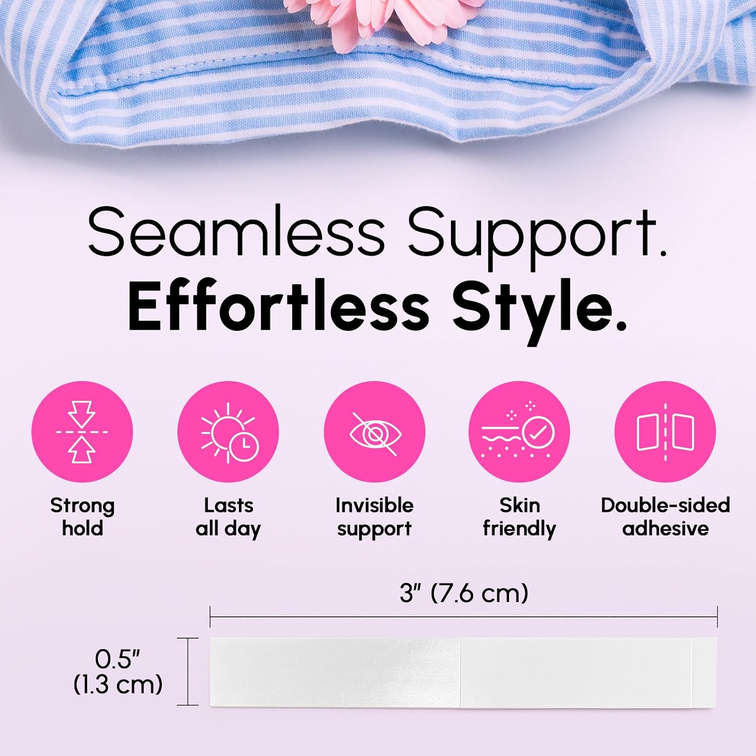 BLOOMORA Fashion Tape – Double Sided Clothing Adhesive for Women & Men – 36 Transparent Strips (3” x 0.5”) – Waterproof Adhesive Strips for Body & Dress – Fabric Tape - Metal Box