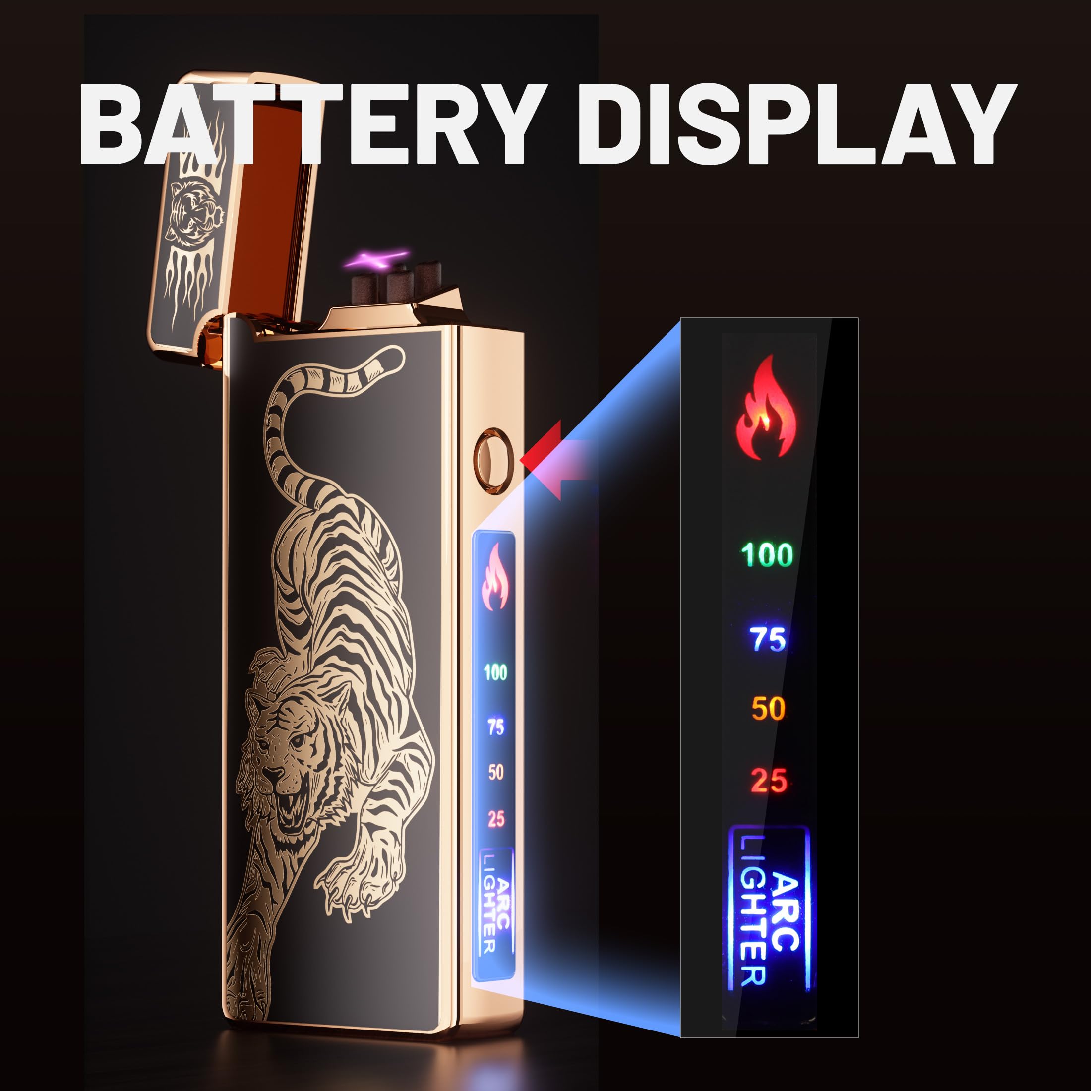 Briquet Plasma USB Rechargeable - Double Arc Électrique Sans Flamme - Coupe-Vent - Personnalisable Texte/Photo - Pour Bougies, BBQ
