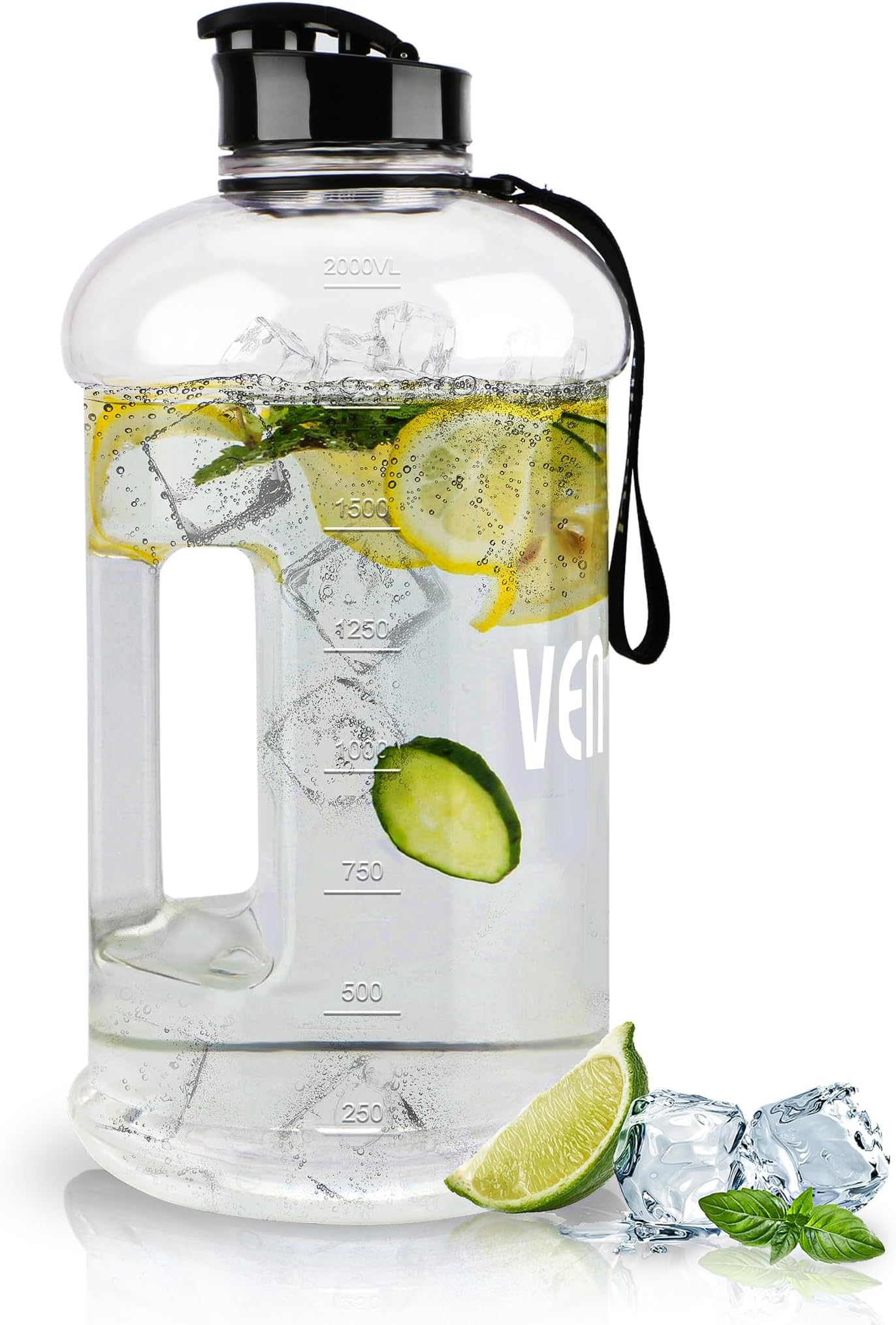 VENNERLI Half Gallon Water Bottle 2.2L Bottles with Handle Flip Cap 100% Leak Proof BPA Free Reusable Durable Big Gym Jug for Camping Sports Workouts Hiking Outdoors 2.2Litre (Clear)