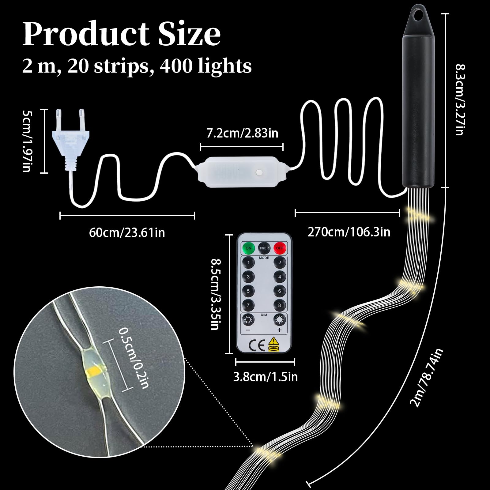 Catena Luminosa A Cascata 400 LED 2 Metri - 20 Fili Modellabili, 8 Modalità Luce, Telecomando, Impermeabile Per Esterni E Natale