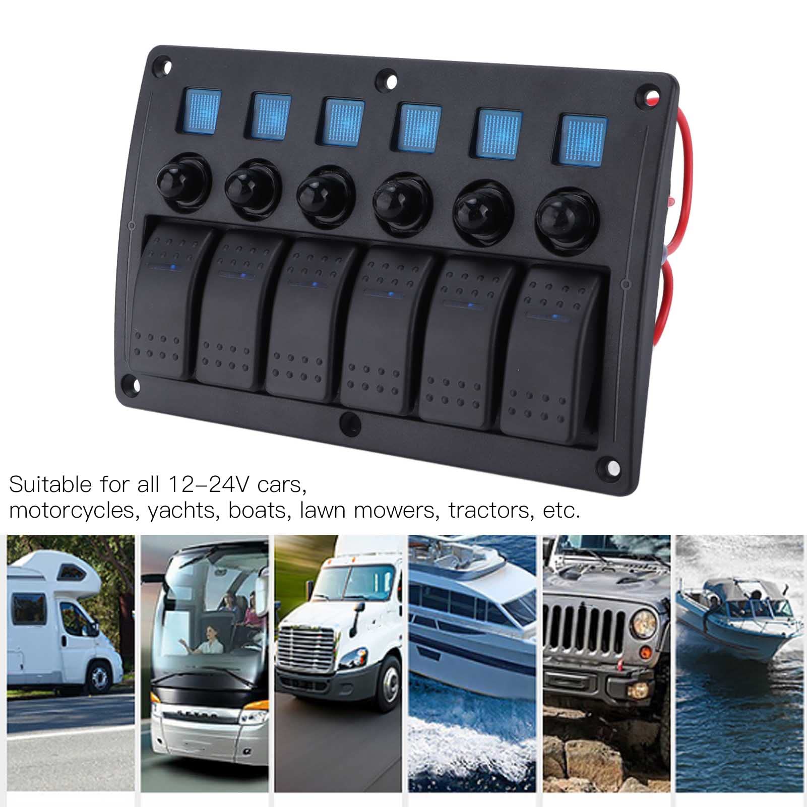 FILFEEL Pannello Interruttori a Bilanciere a 6 Gang con Porte di Ricarica USB, Indicatore LED Blu 12V-24V, IP65 per Barche, SUV, Trattori, Yacht e Veicoli