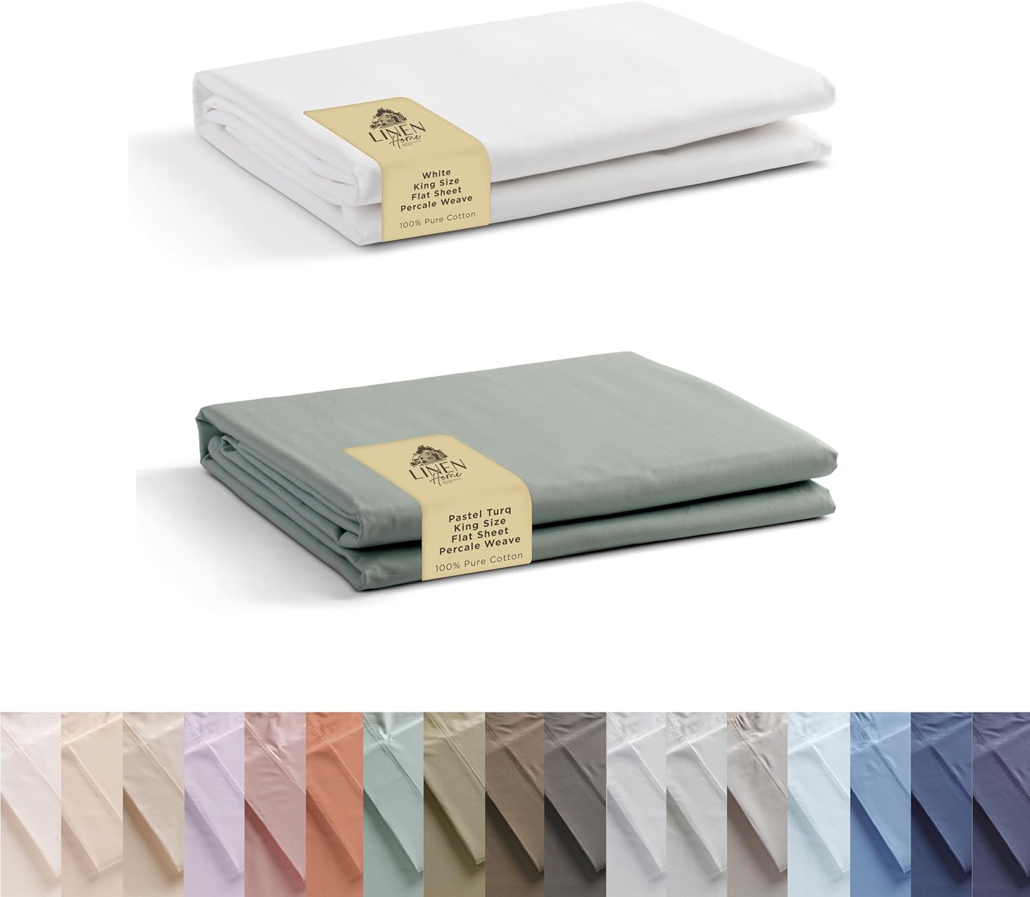 100% Cotton Combo Percale Flat Sheets King Size, White & Pastel Turk, 2 Flat Sheet- Crisp, Cool and Strong Bed Linen, Luxury Breathable Sheet