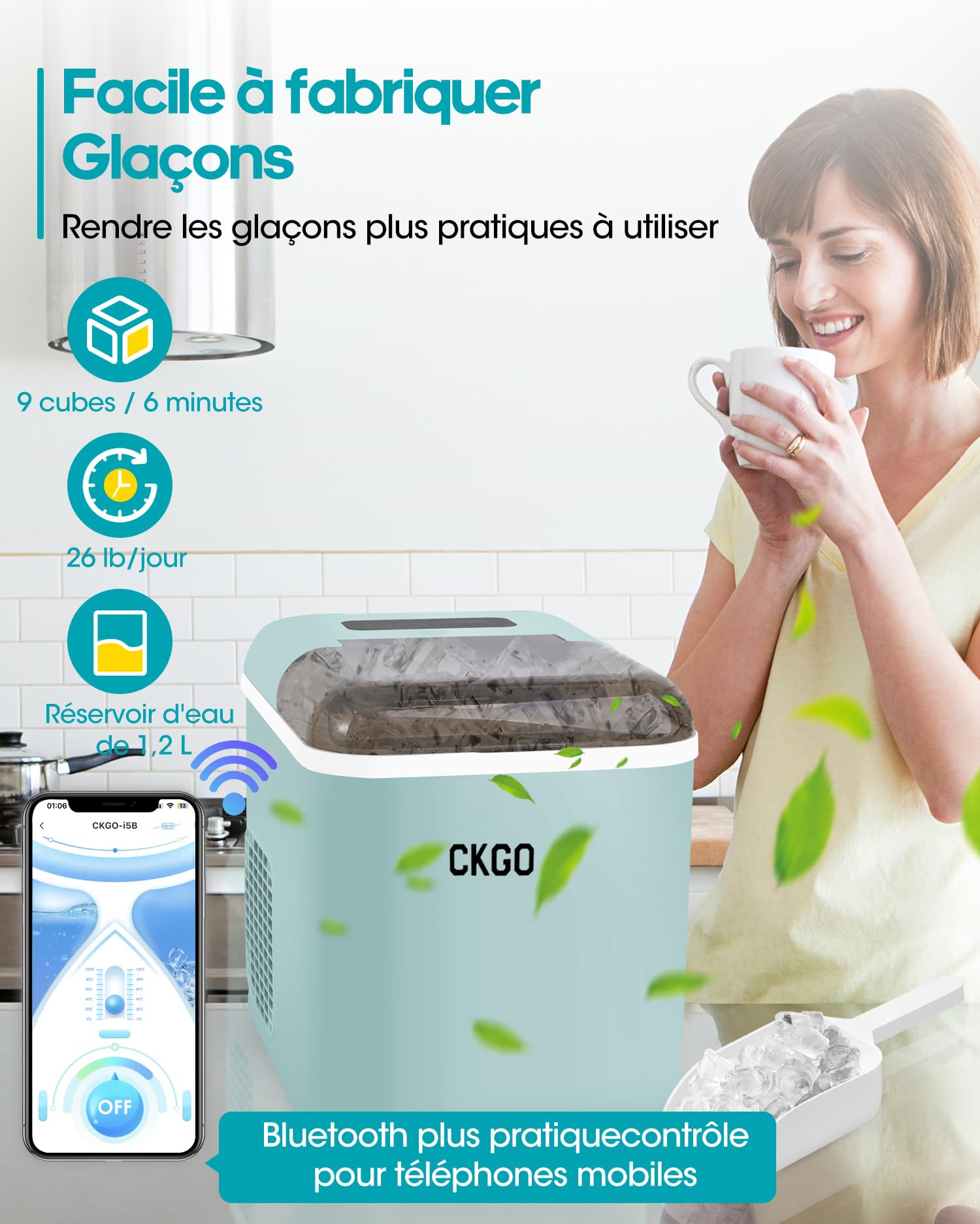 Máquina de hielo inteligente, 2 tamaños de hielo, máquina Wi-Fi, control por aplicación, autolimpiante, máquina de hielo, 15 kg en 24 horas, 9 cubitos de hielo en 6-10 minutos, encimera para