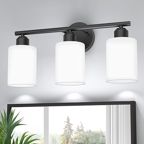 Espird Lámpara de tocador de baño, lámpara de baño negra mate, 3 luces sobre el espejo, lámpara de tocador moderna, apliques de pared con pantallas
