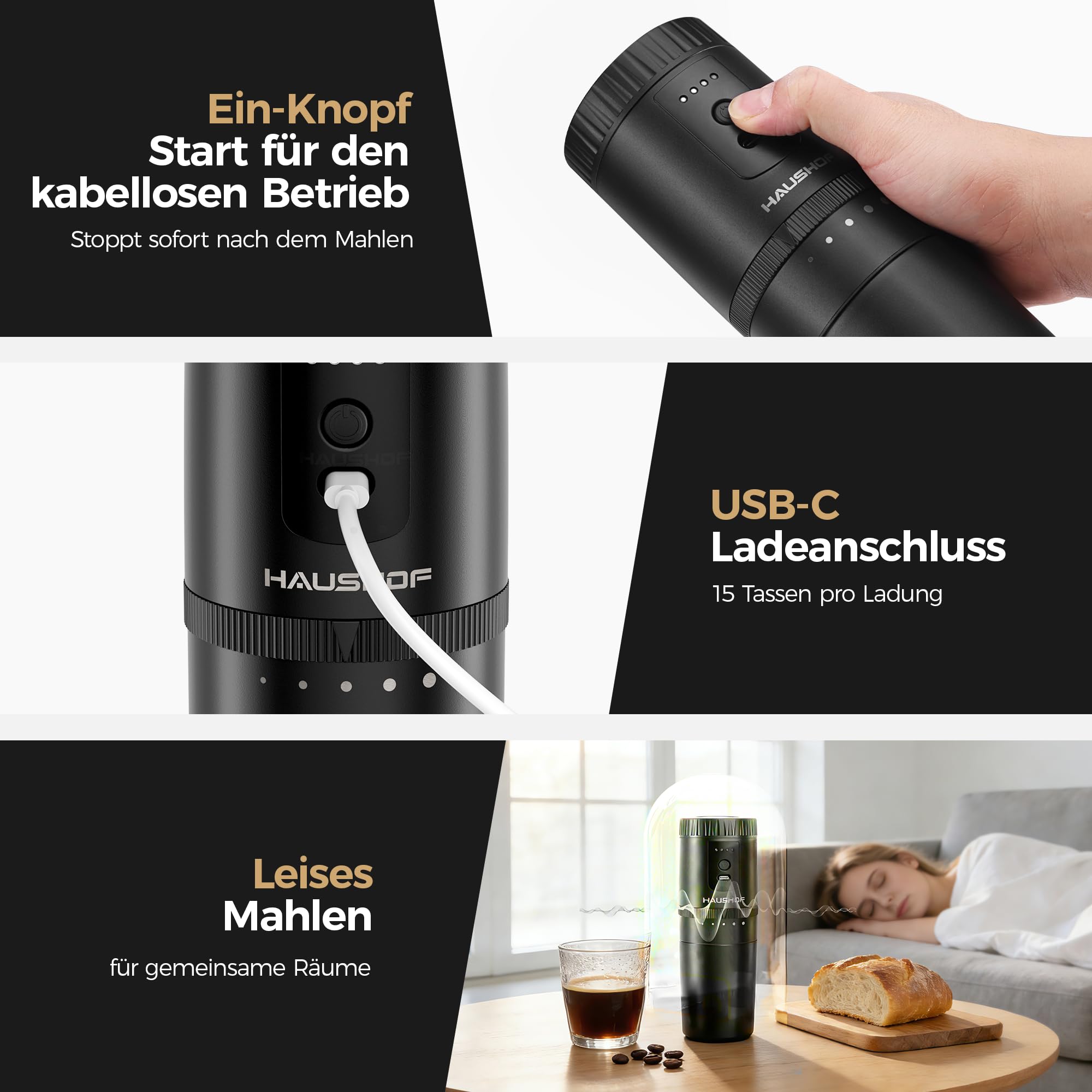 HAUSHOF Elektrische Kaffeemühle, Tragbares Kegelmahlwerk Kabellos Schwarz mit Integrierter Infusion, Manuelles Kit Edelstahlfilter Thermobecher