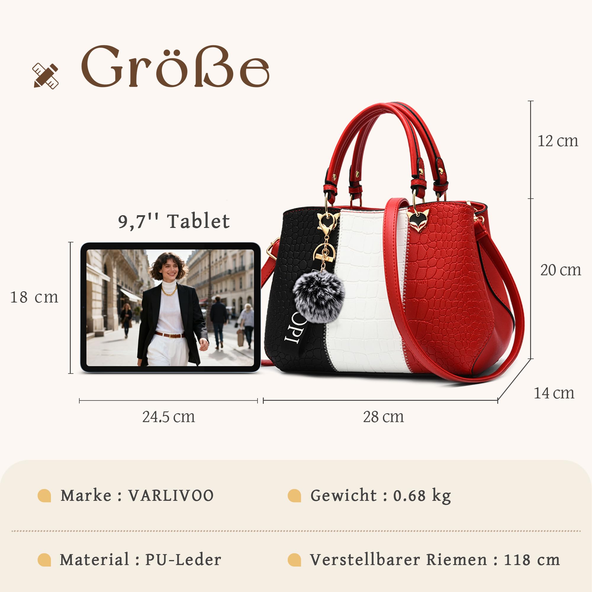 VARLIVOO Damen Handtasche Schultertasche Frauen Umhängetasche Taschen Wasserdicht Krokodilmuster PU Leder Henkeltaschen Rot A
