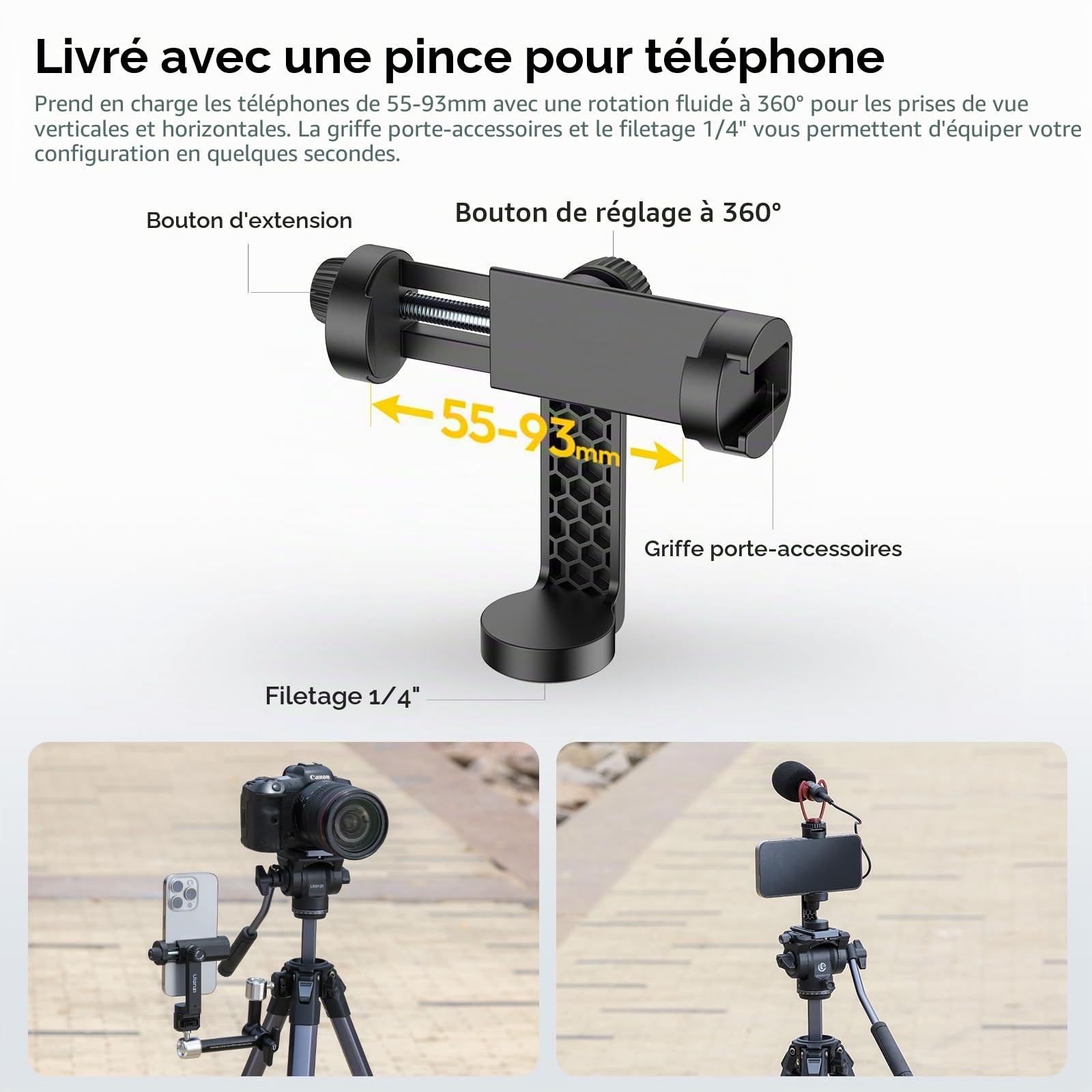 ULANZI 157cm Trépied Appareil Photo, Trépied Vidéo avec Tête Hydraulique 360° &-70°/+90° Tilt Pan, avec Support pour Téléphone et Arca Swiss, Compatible avec Canon, Nikon, Sony, iPhone, Samsung