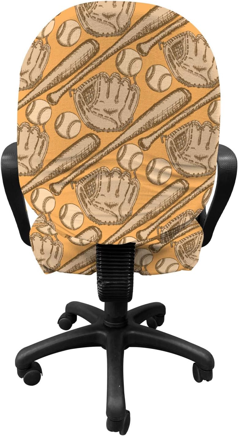 Lunarable Baseball Office Chair Slipcover, Sketch Bat Gloves and Balls Vintage Design Inspirations American Sports, Protective Stretch Decorative Fabric Cover, Pale Orange and Beige