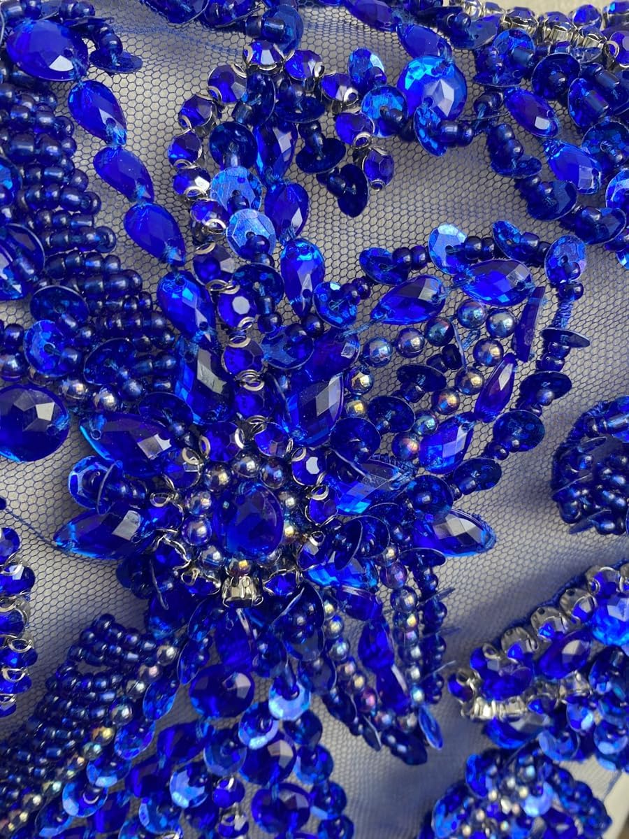 Handmade Rhinestones Applique DIY Handsewing Beads Sequins Trim Patch One Shoulder Dress Clothes Accessories 10X22inches (Blue,B)