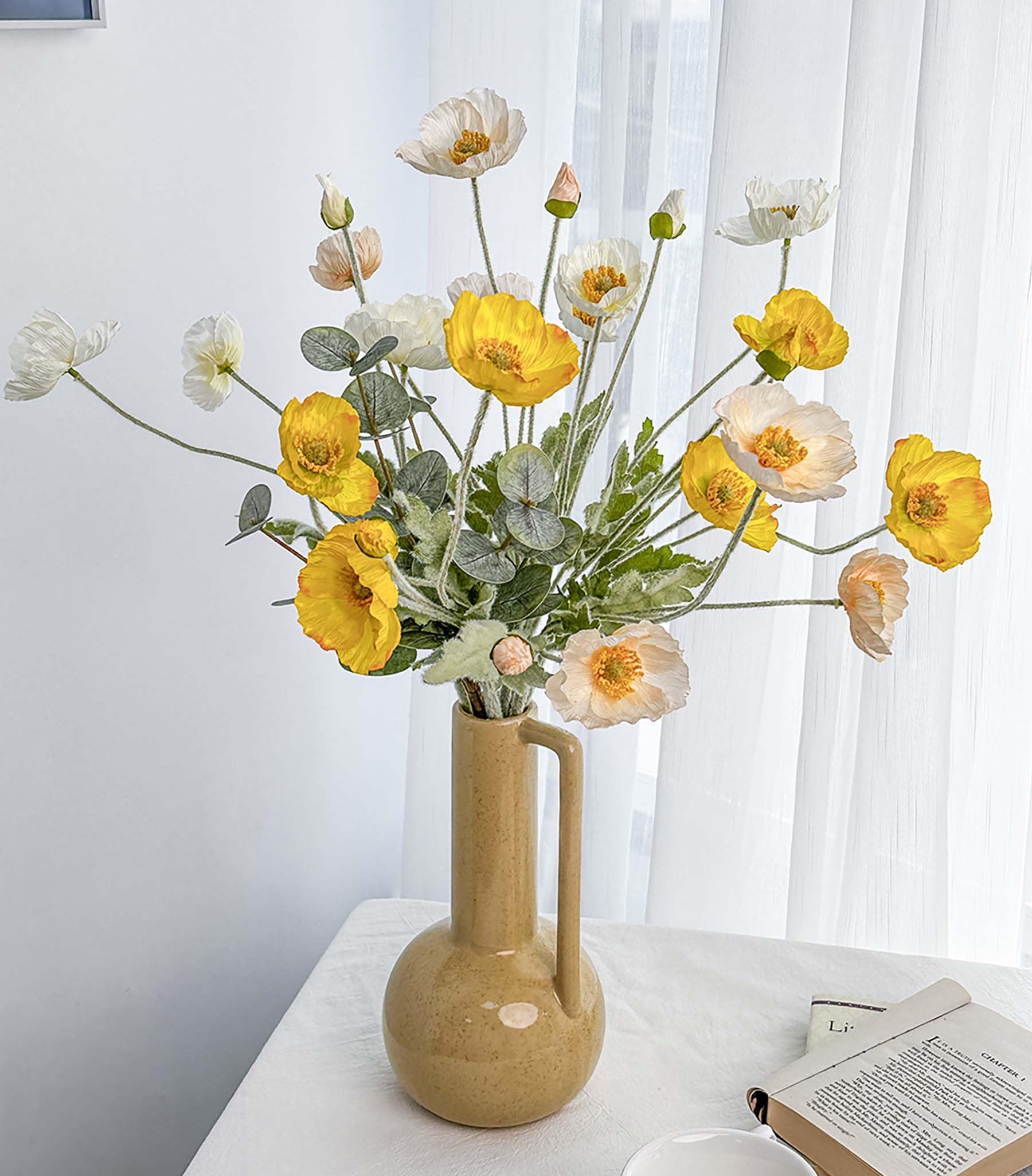 Poppy Artificial Flowers and Eucalyptus Stems, Fake White Yellow Stems for Vase, Silk Flowers Arrangement for Wedding Party Farmhouse Home Office Table Centerpieces Decorations
