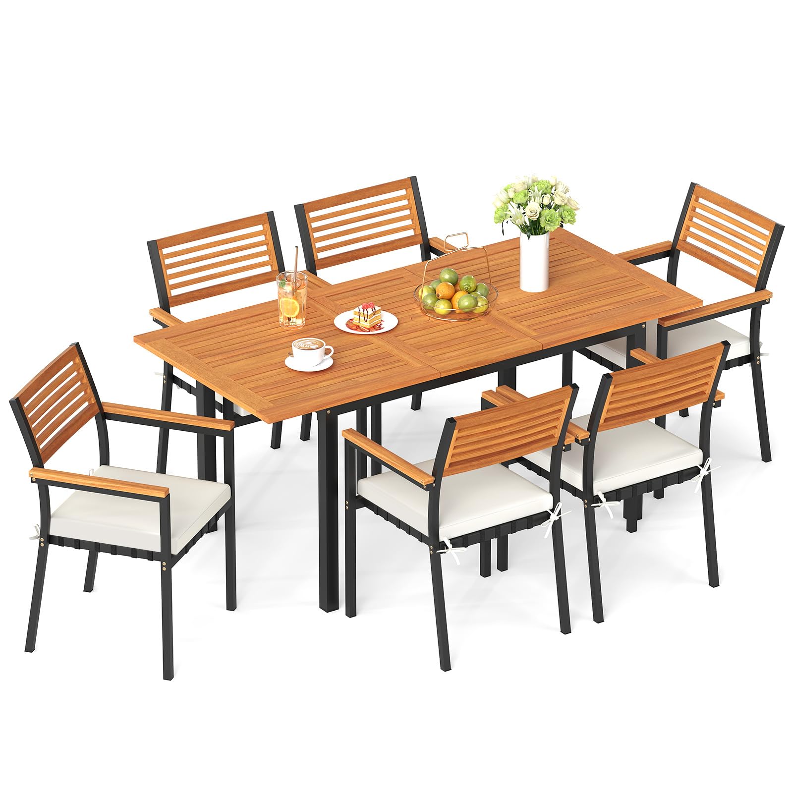COSTWAY Conjunto Jardín Exterior de 7 Piezas, Madera Acacia, Muebles de Comedor con Mesa Extensible,6 Sillas Apilables，Cojines Extraíbles，Mesa y Sillas Jardin Patio Terraza Balcon