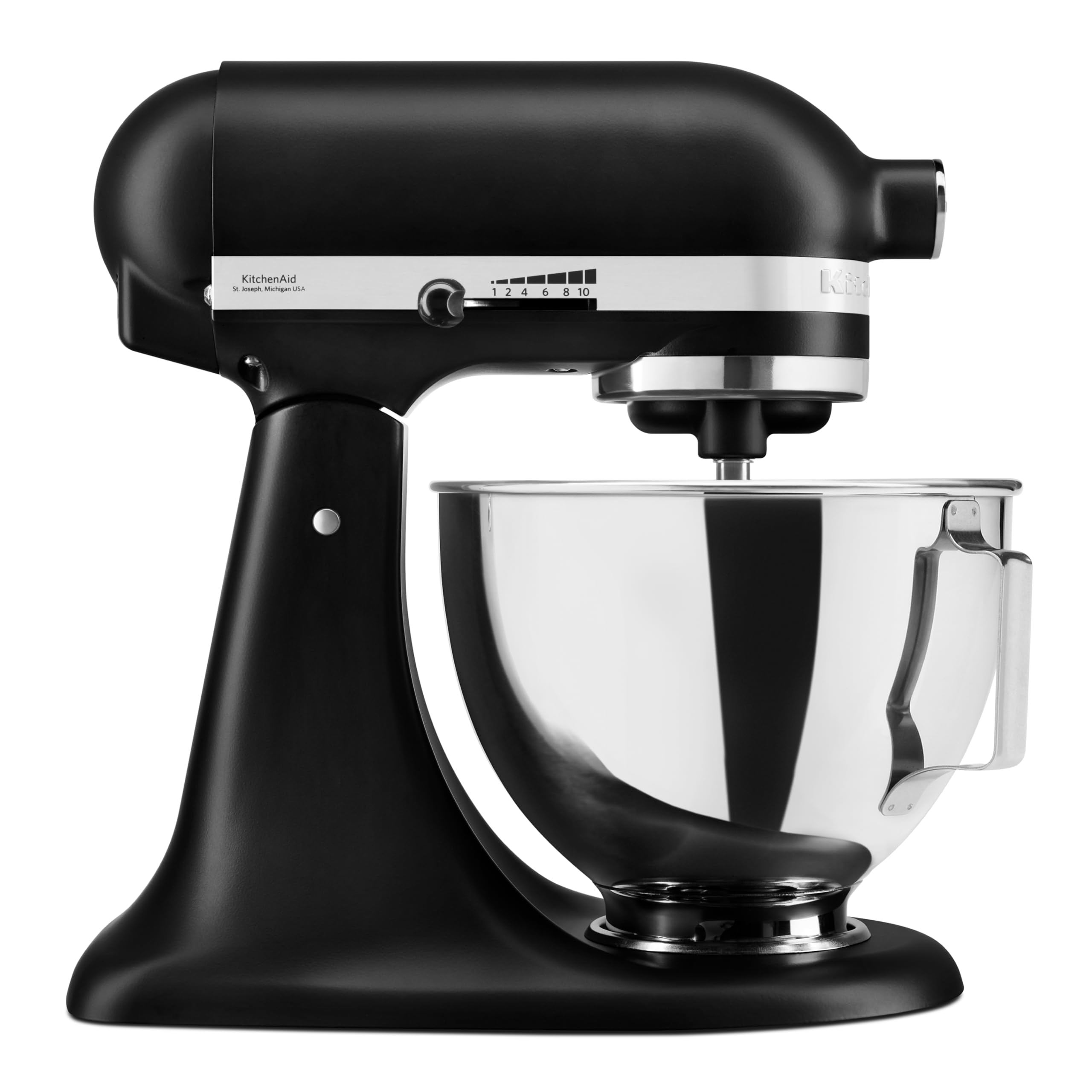 KitchenAid Classic 4,3L Küchenmaschine mit Schwenkkopf, 10 Stufen mit Sanftanlauf, Flachrührer, Knethaken & Schneebesen, Planetenrührwerk, 59 Schüsselkontaktpunkte, Black Matte