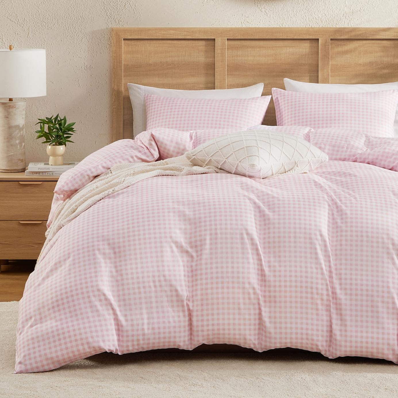 Andency Gingham Duvet Cover Twin Size, Pink Blush Checkered Plaid Bedding Set with Zipper Closure & Corner Ties, 2 Pieces Soft Prewashed Polyester Comforter Cover for Dorm Kids