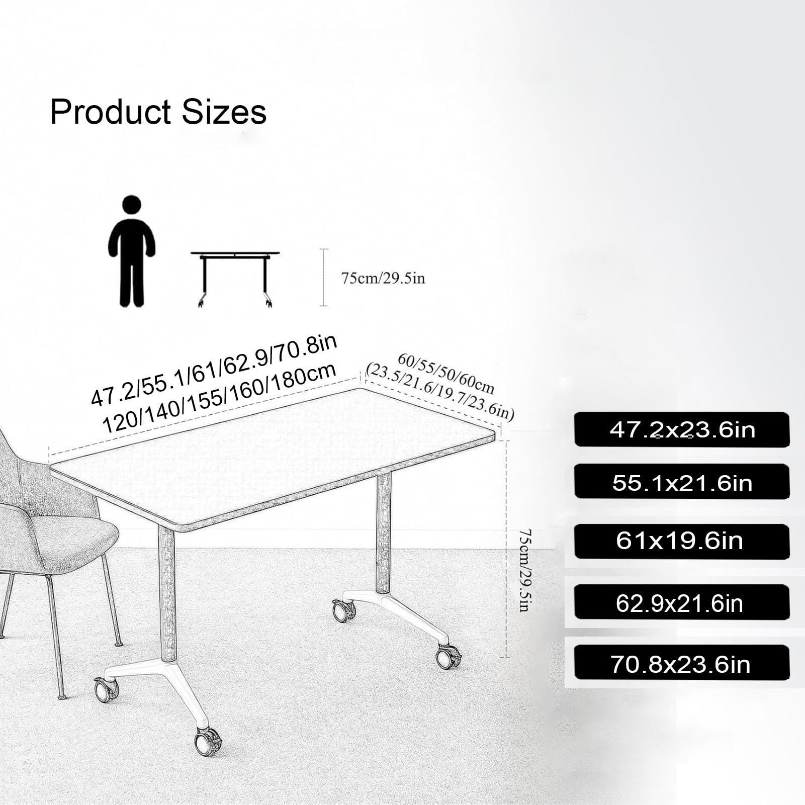 Lot de 6 tables de conférence modulables pliantes avec roulettes - Gain de place - Table d'entraînement à rabat - 119,4 à 180,3 cm - Polyvalente - Pour bureau, salle de classe et séminaire - Noir