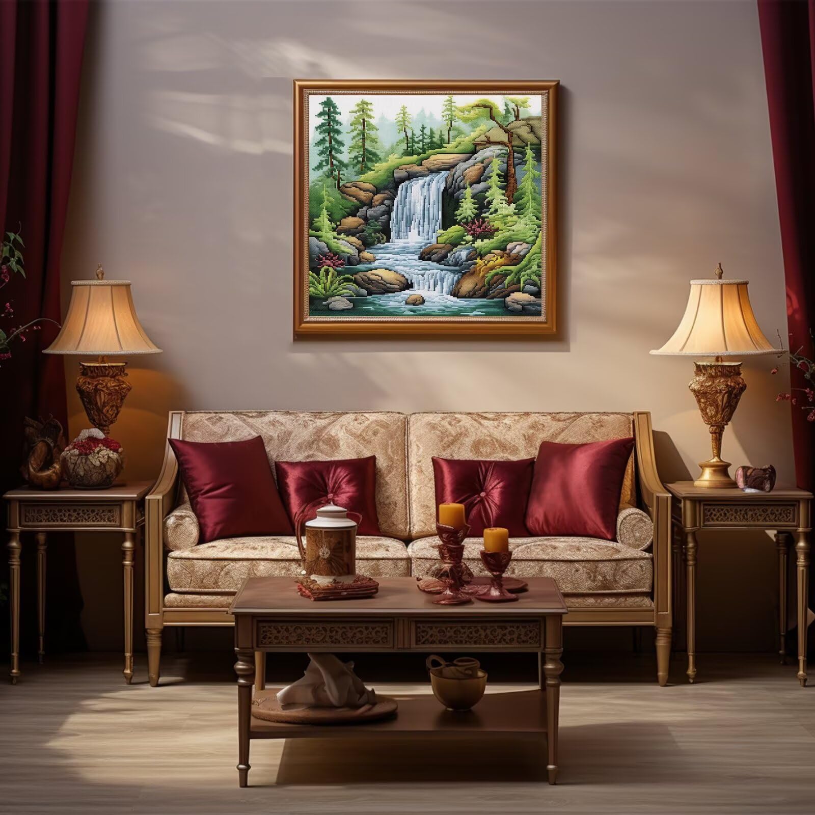 Xinpinzhou Canevas Broderie Point de Croix Kit Complet Adulte Debutant Compté Pré Imprimé Estampillé Moderne Débutant avec Fils, Facile Ruisseau Paysage 11ct Cross Stitch Loisirs Créatifs Set