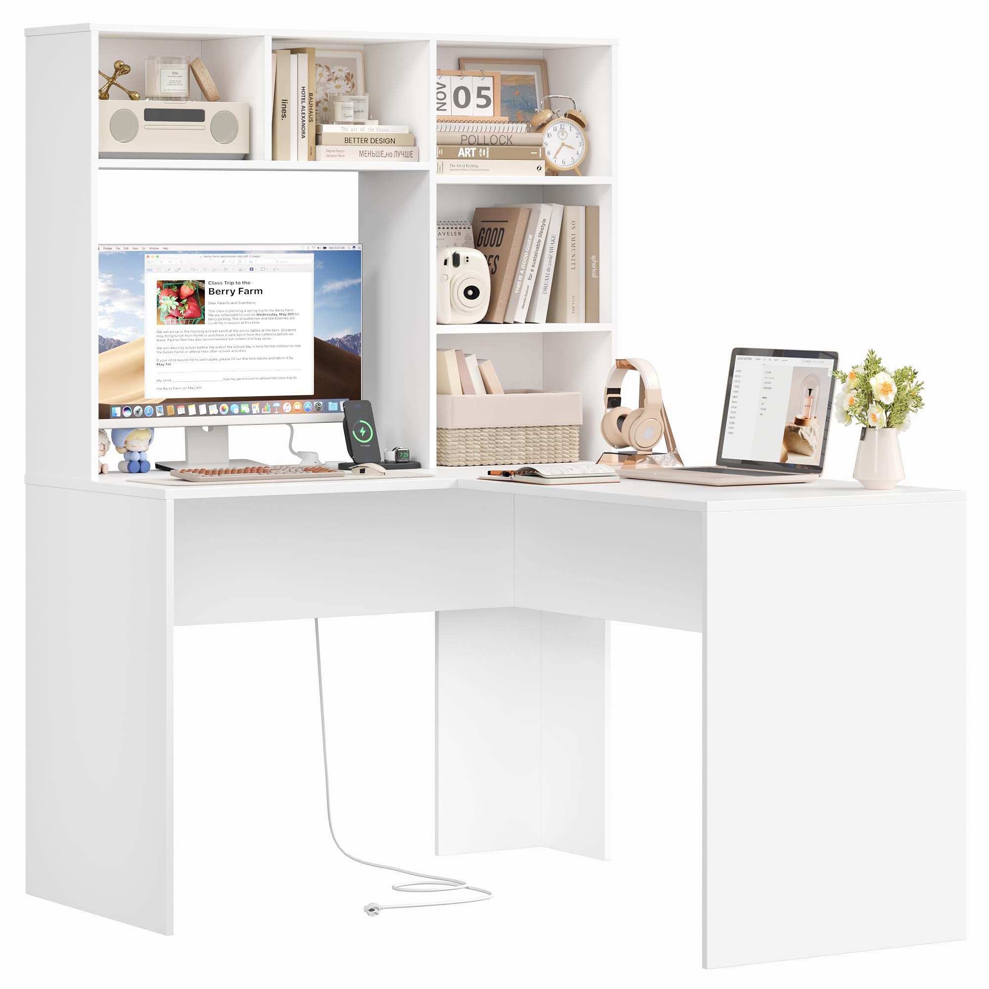 FirFurd Scrivania Angolare con Libreria, 2 Prese AC e 2 Porte USB, Scrivania per Computer ad Angolo a Forma di L, Scrivania ad Angolo per PC con Ripiani in Legno per Ufficio e Casa 108x125x153 cm