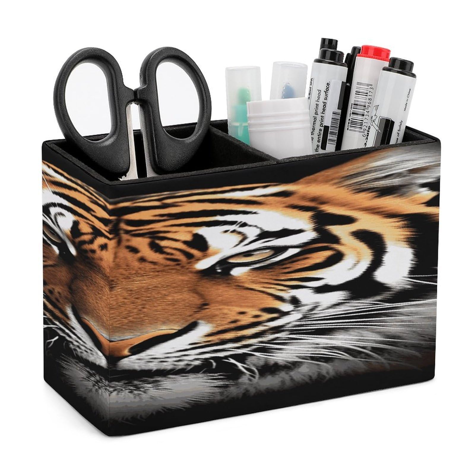 LDGSUPH Tiger Face Leather Pen Holder for Desk Organizer Caddy Large Pencil Cup Multi-function Pencil Holder Makeup Brush Holders Pen Organizer for Home Office Storage Box