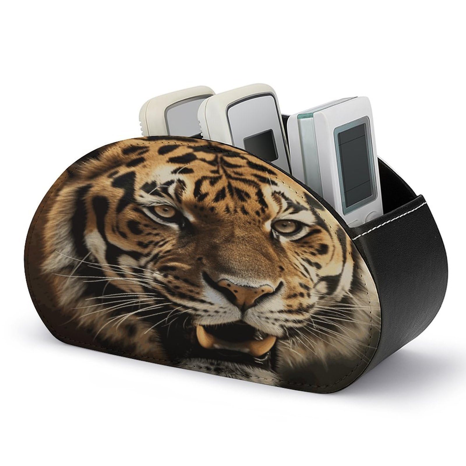 FekiLoot Tiger Remote Control Holder with 5 Compartments Multi-functional TV Remote Caddy Organizer Leather TV Remote Holder Desktop Organizer Store for Bedside Table Office Desk