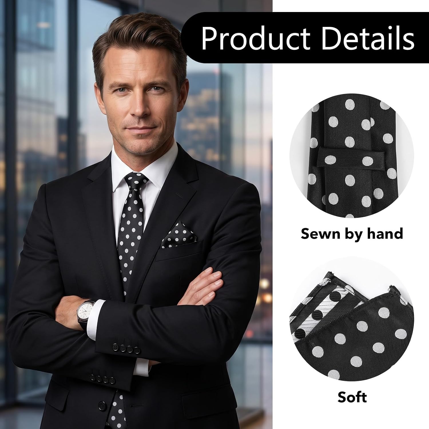 Amabro Polka Dot Tie Sets with Pocket Square for Men Black White Skinny Necktie and Handkerchief Set Wedding Business Formal Graduation Cosplay Casual Dress Bridegroom Groomsmen Shirt Dress