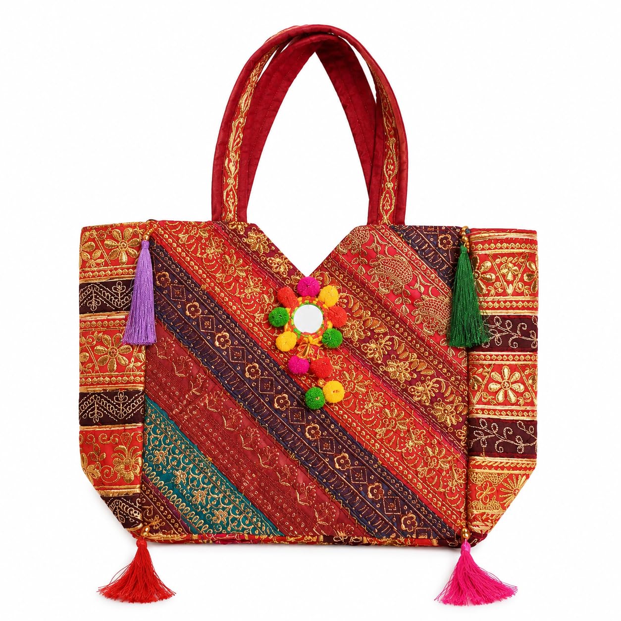Rajasthani Embroidered Tote Bag with Pom Pom and Tassel FOR GIFT ANY FESTIVAL,REGULAR SHOULDER BAG,HANDBAG FOR GIRLS, STYLISH COTTON HANDBAGS, TOTE BAG FOR WOMEN WITH ZIP-picture-18