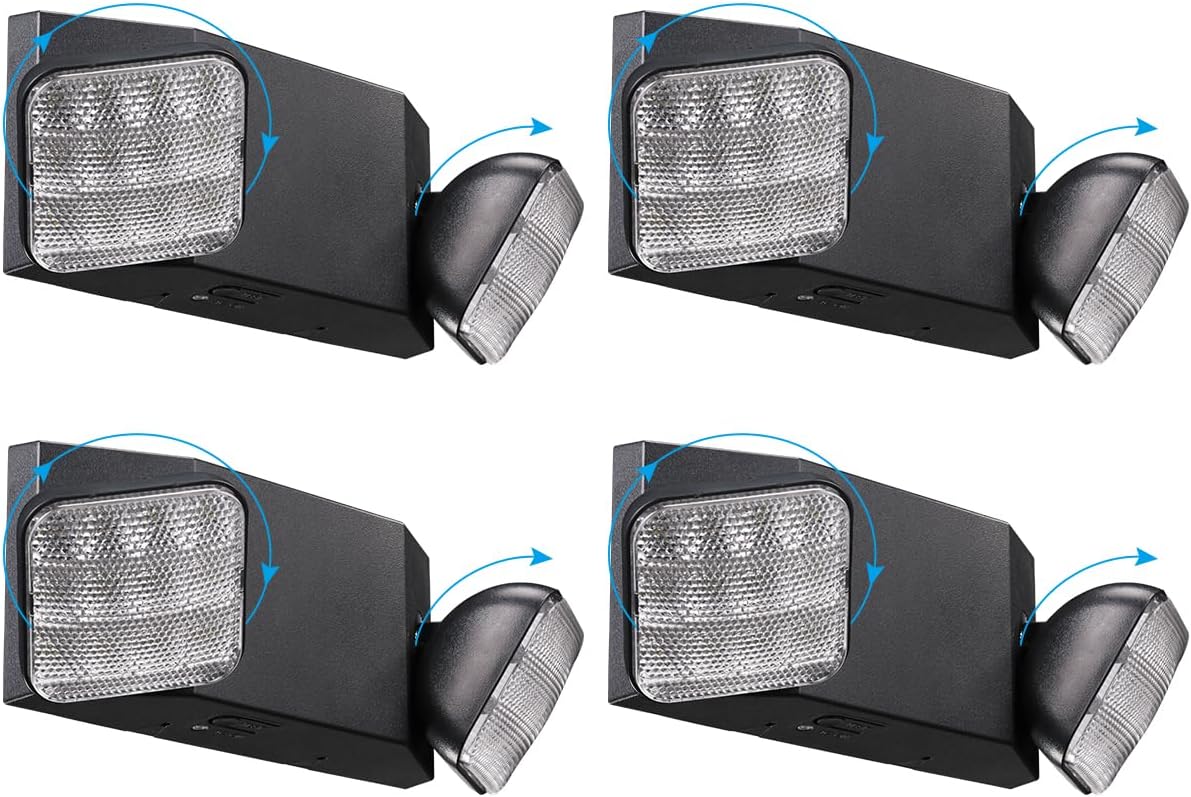 TORCHSTAR LED Emergency Lights, Emergency Lighting with Battery Backup, Dual Heads Adjustable, Lighting Fixtures for Emergency Use, Home Power Failure, UL & FCC Listed, AC 120/277V, Black, Pack of 4