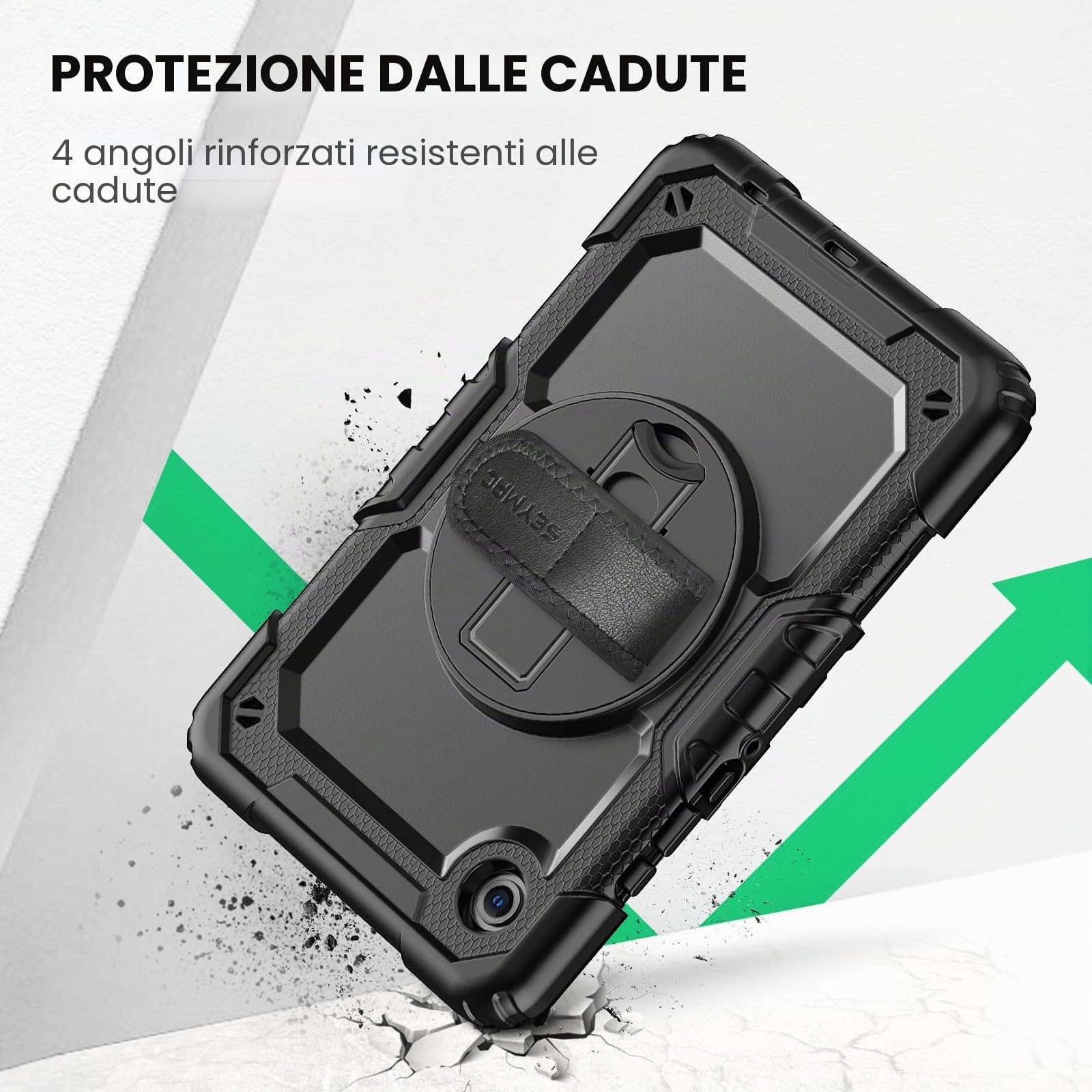 SEYMAC Custodia per Samsung Galaxy Tab A11 8,7" / Tab A9 8,7 Pollici (2025/2023), Custodia Antishock con Protezione Schermo, Supporto Girevole a 360° e Cinturino da Polso, Tracolla, Nero