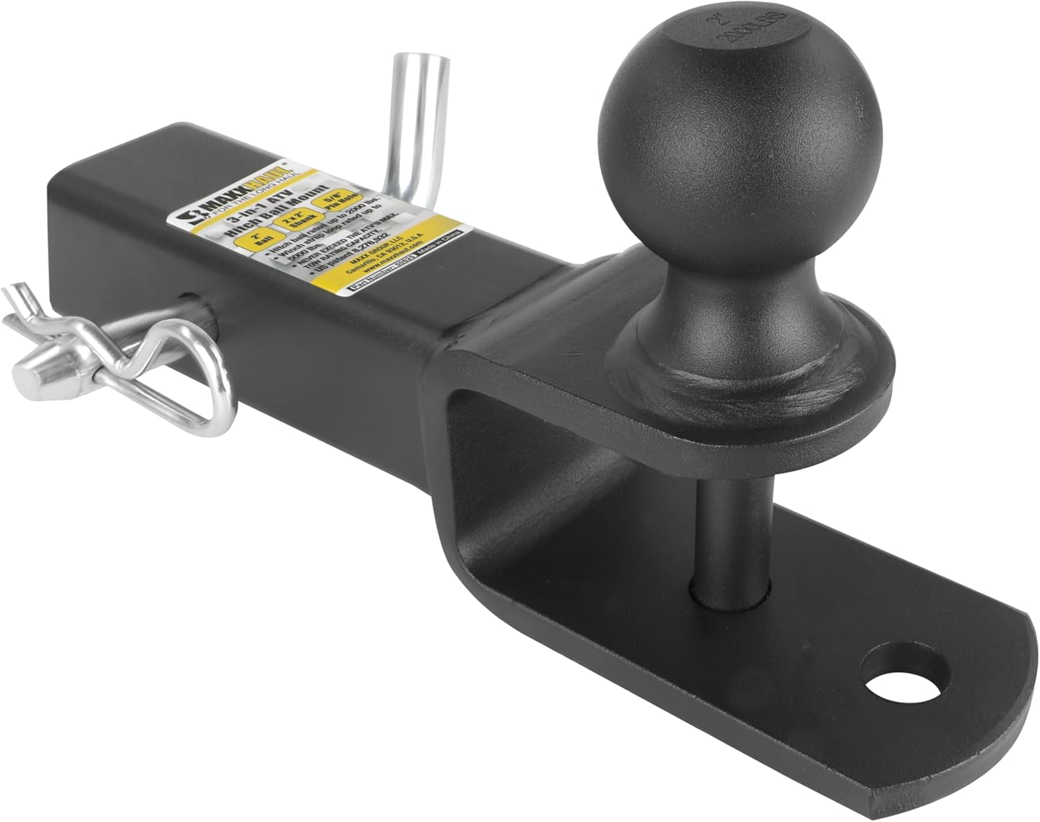 MaxxHaul 50625 3-in-1 ATV UTV Trailer Hitch Mount with Hitch Ball and Winch Strap Loop 2" Ball, 2" Shank, 1/4" Rise Fits 2" Receiver, 2000 lbs Capacity