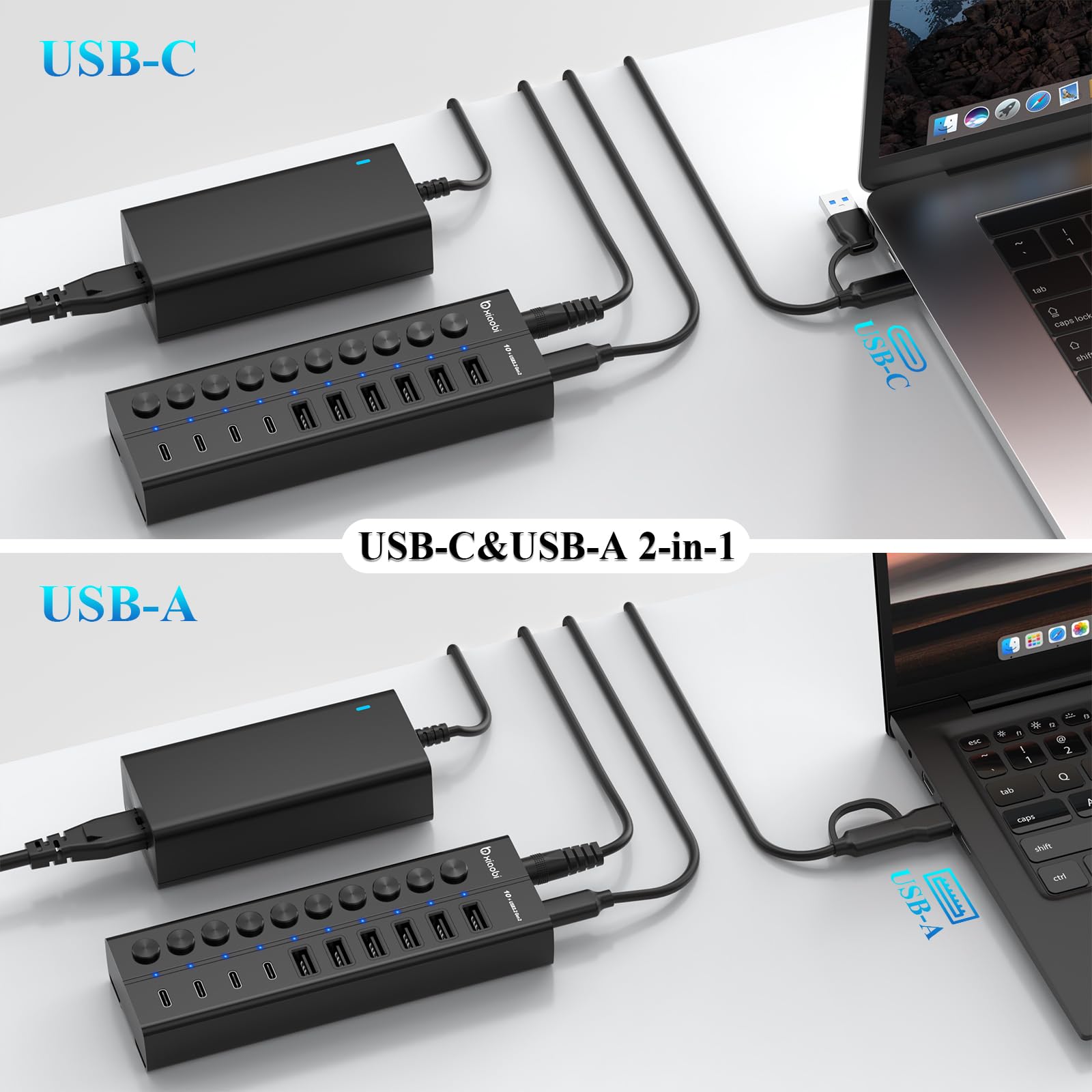 10 Port USB Hub mit Netzteil 60W - 10Gbps USB 3.2 Gen 2 Hub Aktiv aus Aluminium mit 6 USB-A & 4 USB-C Ports Individuelle EIN/Aus Schalter BC1.2 Schnelladung für MacBook, PC, Laptop schwarz