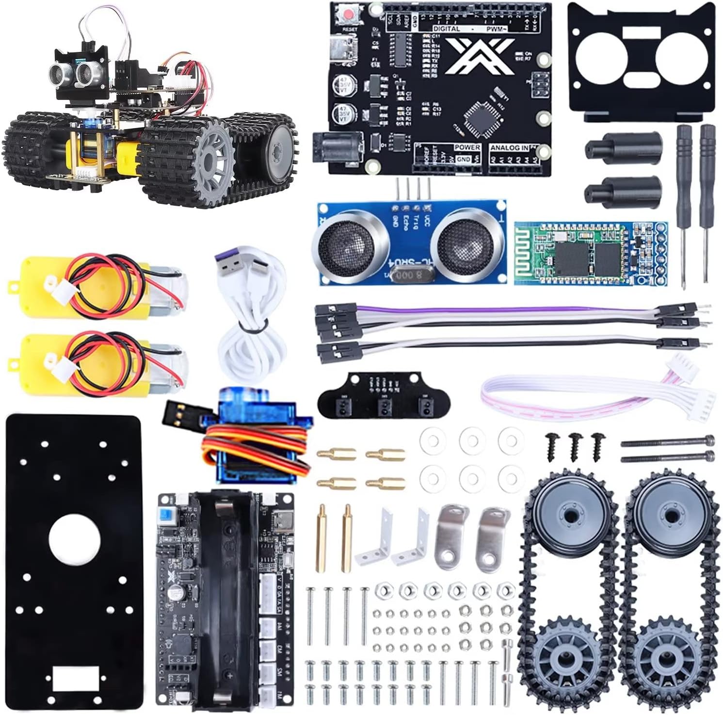 Huayuxin Programmable STEM Projects, Tank Smart Robot Car Kit, Starter Robot Kit Compatible with Arduino UNO IDE C/++, Educational Science Kits Bluetooth Line-Tracking Obstacle-Avoiding with Tutorial