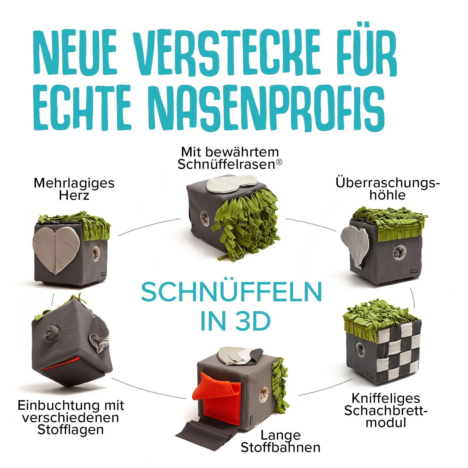 KNAUDER'S Best - SNIFFBOX 2.0 - Beschäftigung für Hunde auf 30x30cm - waschbares, interaktives Hundespielzeug für Suchspaß auf Mehreren Ebenen - Hundespielzeug aus 100% Polyester - Ökotex 100