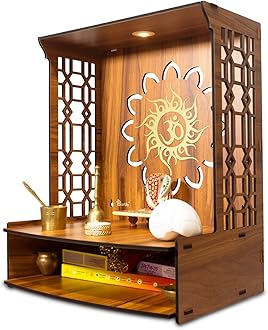 Heartily® Maha Mangal Beautiful Wooden Pooja Mandir for Home Temple for home and office Puja Mandir wall with LED Spot Light Size (H- 18, L- 15 , W-11 Inch)
