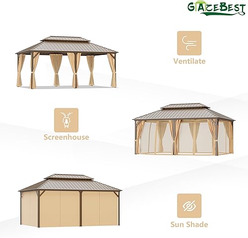 Miniatura 8 de GAZEBEST Gazebo de aluminio para exteriores, de 12 x 18 pies, de acero galvanizado, doble techo, con malla y cortinas, para jardín, patio, terraza y
