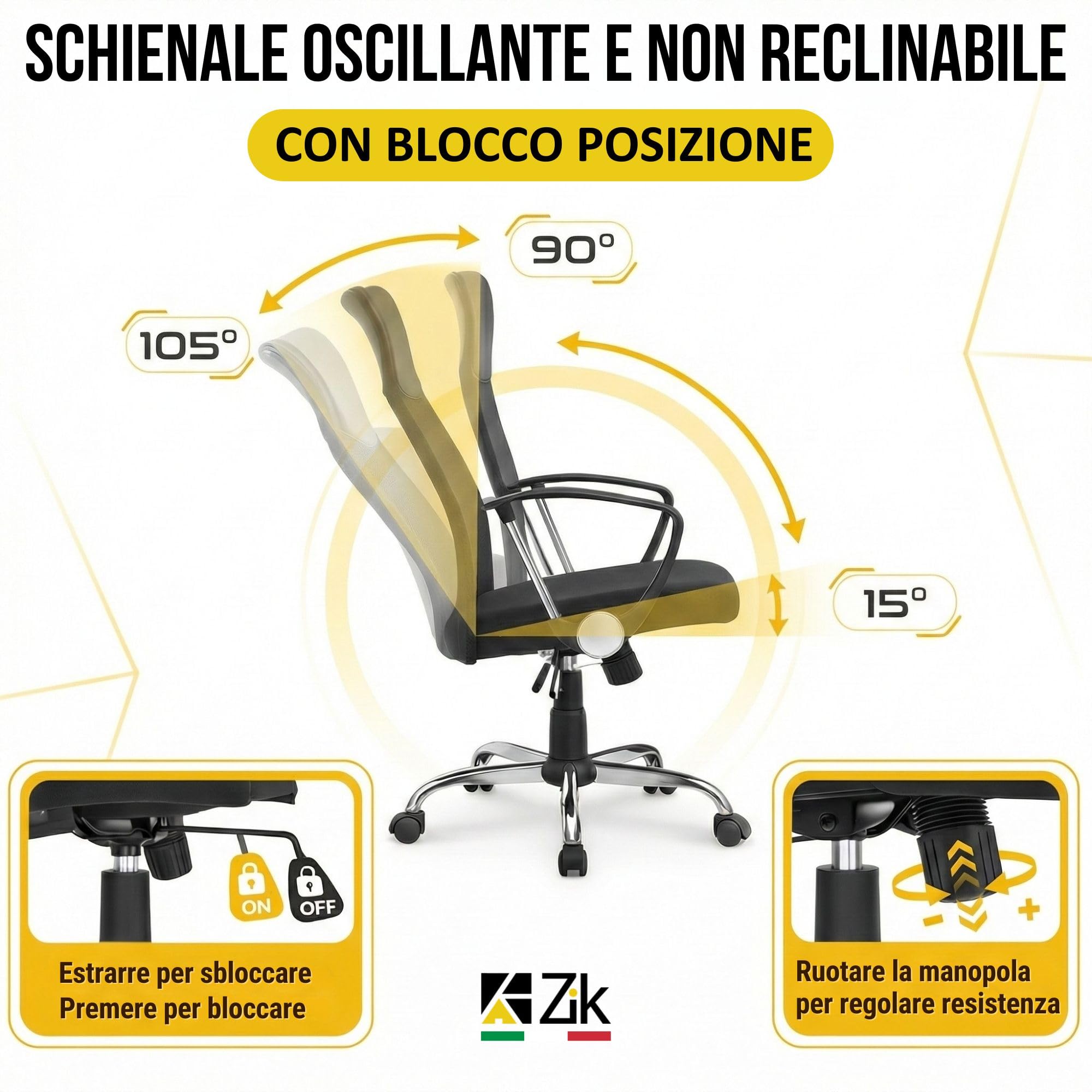 ZIK - Sedia Ufficio con Supporto Lombare, Poltrona Ufficio Presidenziale Ergonomica con Ruote per Parquet in Rete Traspirante, Seduta Comoda Imbottita con Gommapiuma 7cm, Sedie con Portata 150Kg