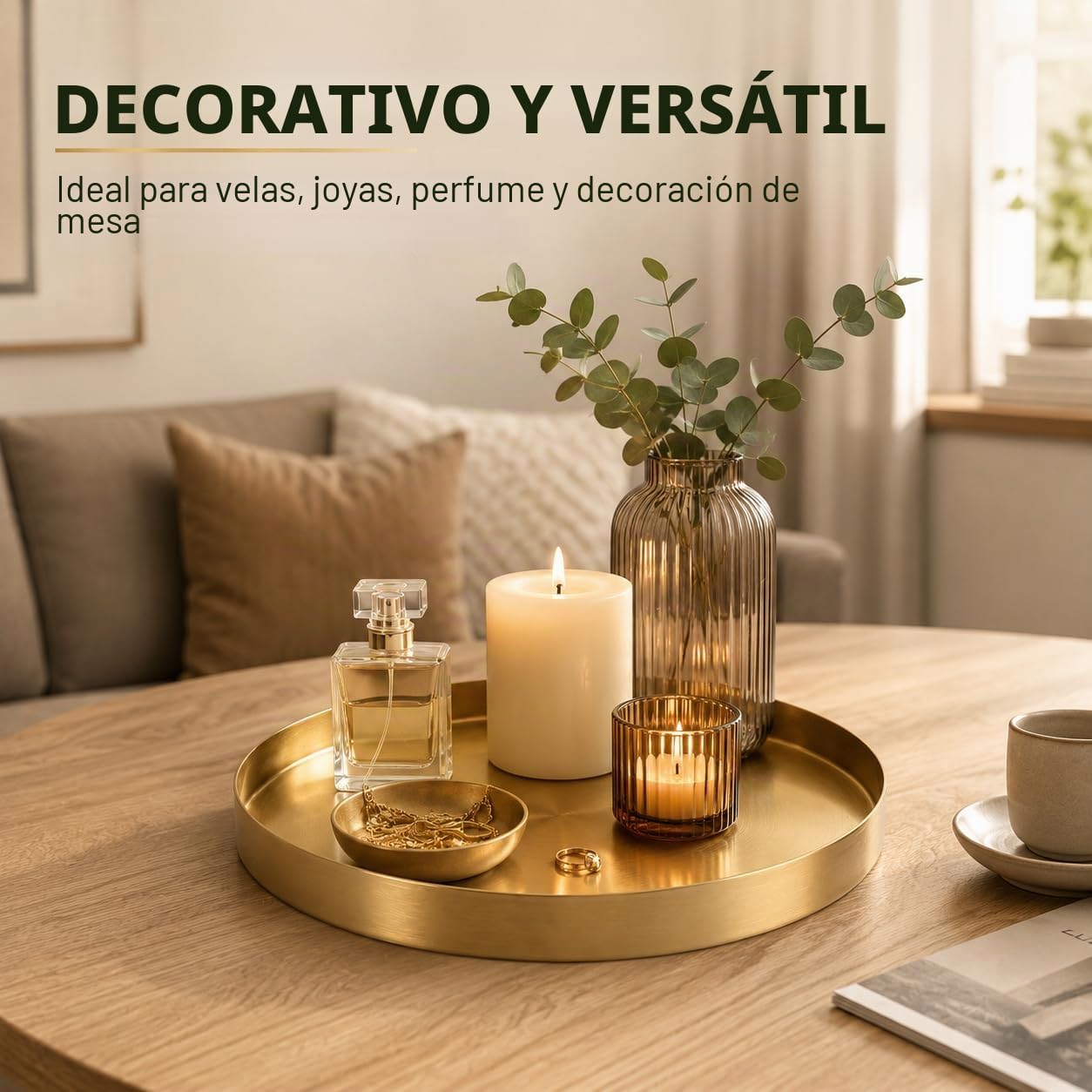 YAYODS bandejas para Servir Comida Acero Inoxidable, Bandeja Decorativa Dorada, diámetro de 30 cm, Altura de 2,8 cm, Plato Decorativo con Borde para Joyas, decoración de Mesa
