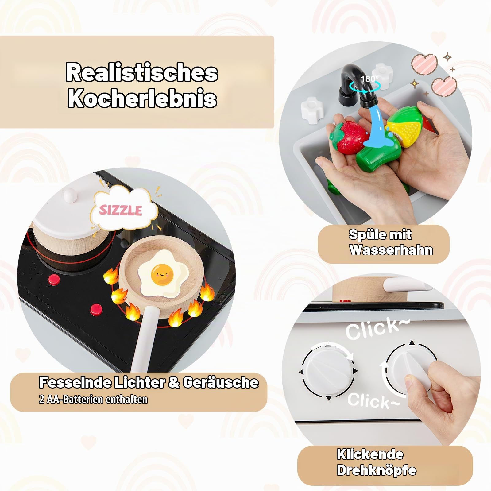 HOMASIS Kinderküche mit Licht & Sound, Spielküche aus Holz mit 10 Spielzubehör, Spielzeugküche mit Spüle Herd Backofen, Holzküche Miniküche Küchenspielset für Kinder ab 2 Jahre (Weiß)