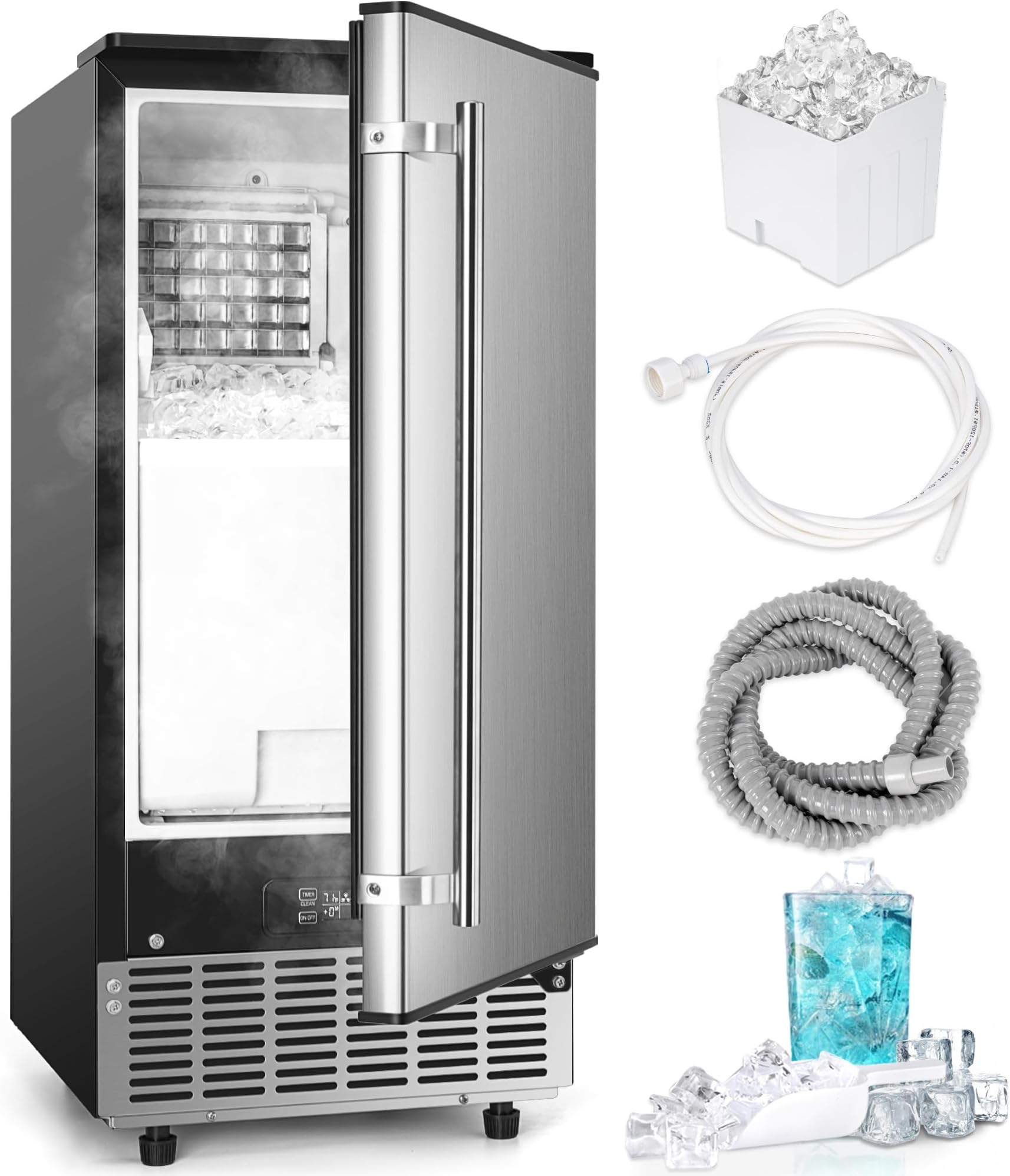 Commercial Under Counter Ice Maker Machine, 80Lbs/Day with 24lbs Storage, Auto-Cleaning, 24H Timer, Built-in Freestanding Ice Maker for Home/Commercial/Apartment. (Stainless Steel)