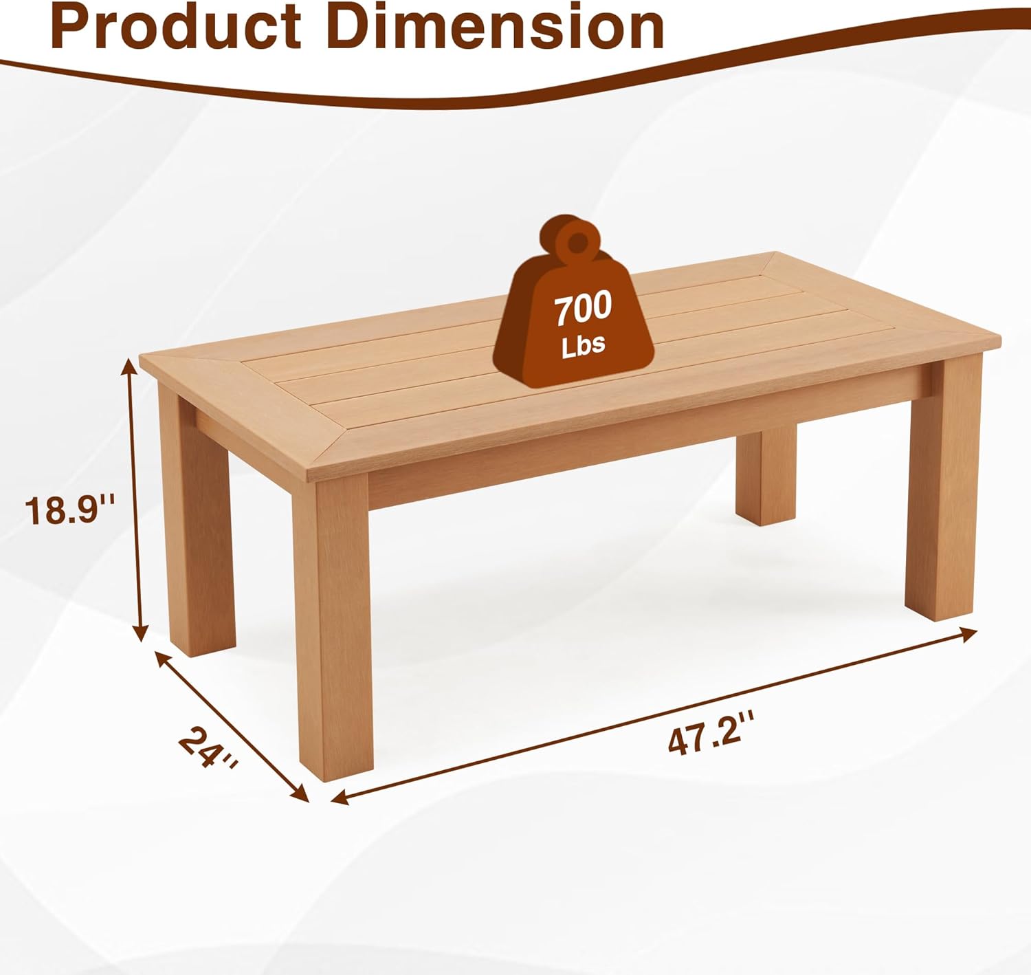 Outdoor Coffee Table Rectangle, 𝟰𝟳" Poly Lumber Patio Coffee Tables for Outside, All Weather Outdoor Coffee Tables for Patio, Garden, Balcony, Lawn, Porch, Modern Patio Table (Teak Color)