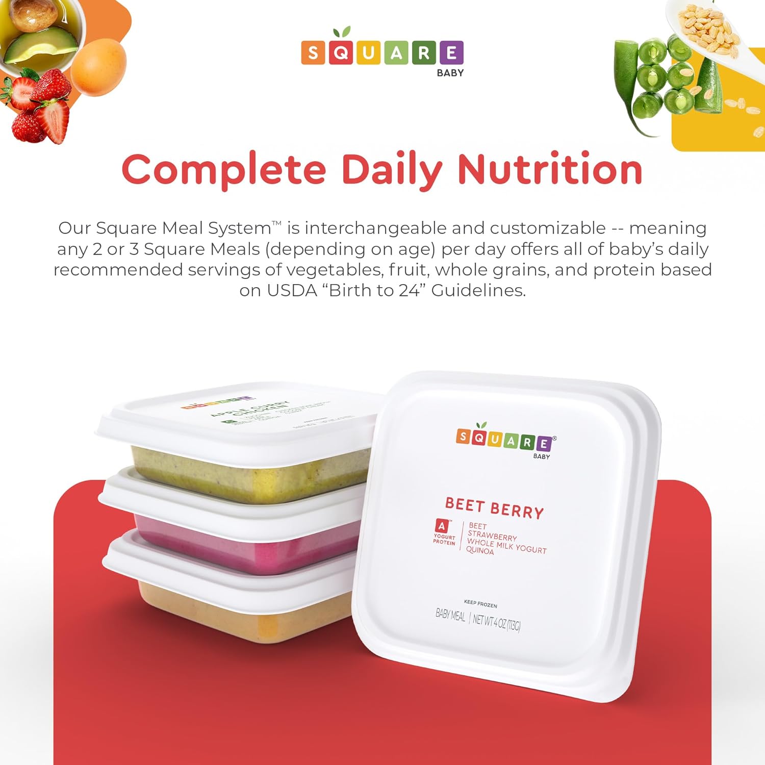 Square Baby Organic Baby Food Purees | Stage 1-3 Variety Pack | Fresh & Dietitian-Designed Veggie-Forward, Balanced Meals | Low Sugar. No Added Sugar | Allergen Intro Options (28 Pack, 4 oz)