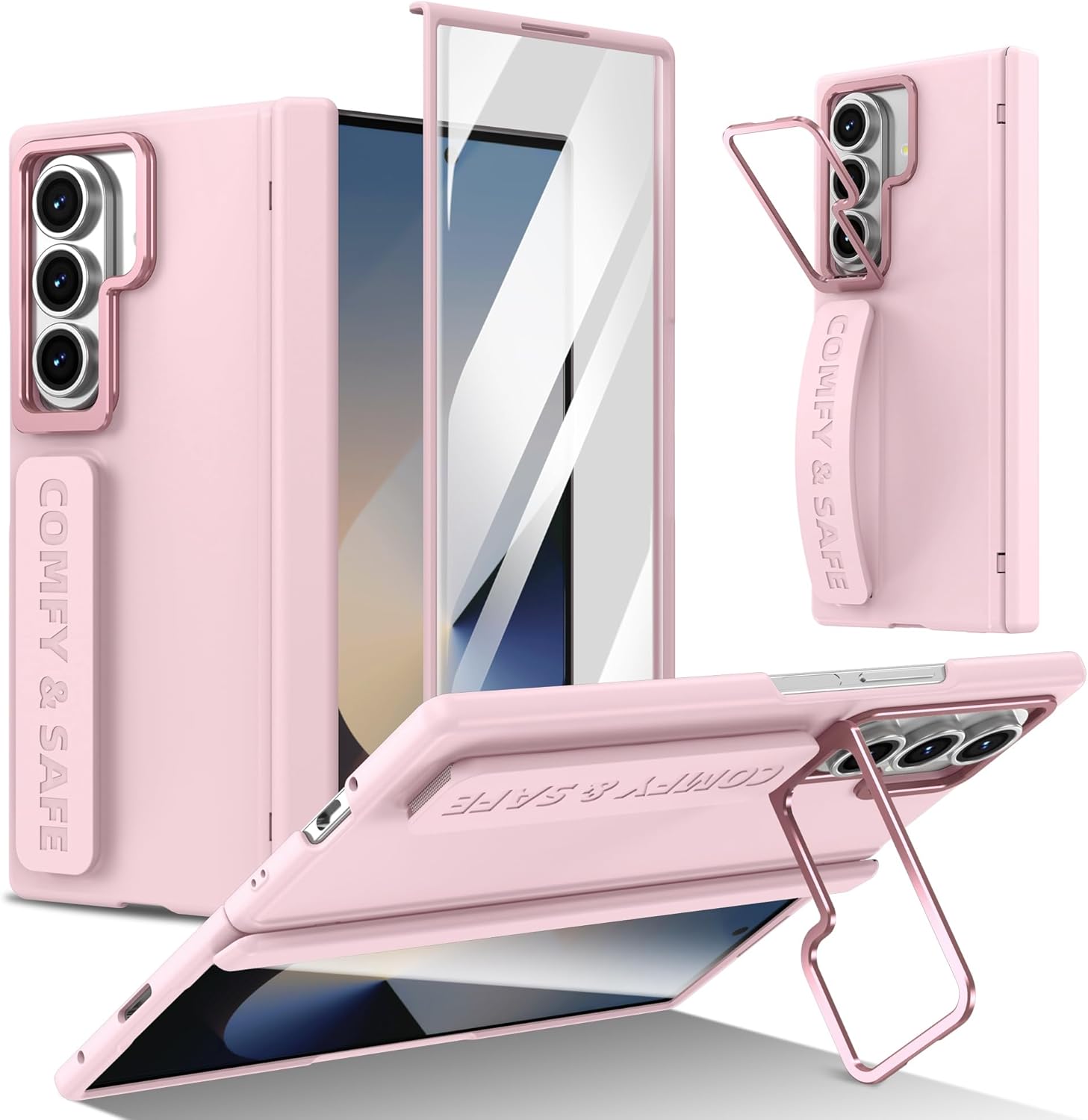 for Samsung Galaxy Z Fold 7 Hand Strap Case, Built-in Screen Protector & Hinge Protection & Camera Cover Kickstand, Military Grade Full Body Shockproof Protective, Pink