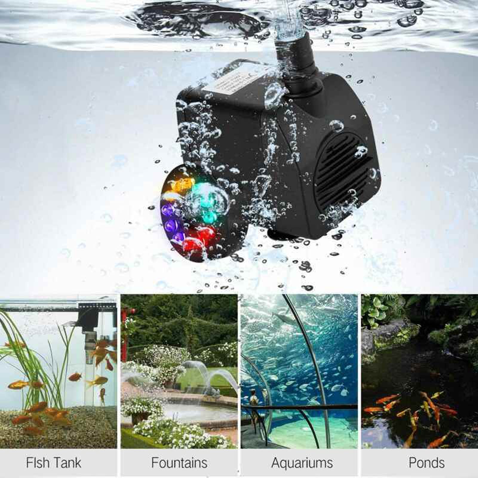 Pompa per laghetto Pompa ad acqua per fontana elettrica con pompa sommergibile per piscina da giardino con luce a 12 LED 15W(EU PLUG)