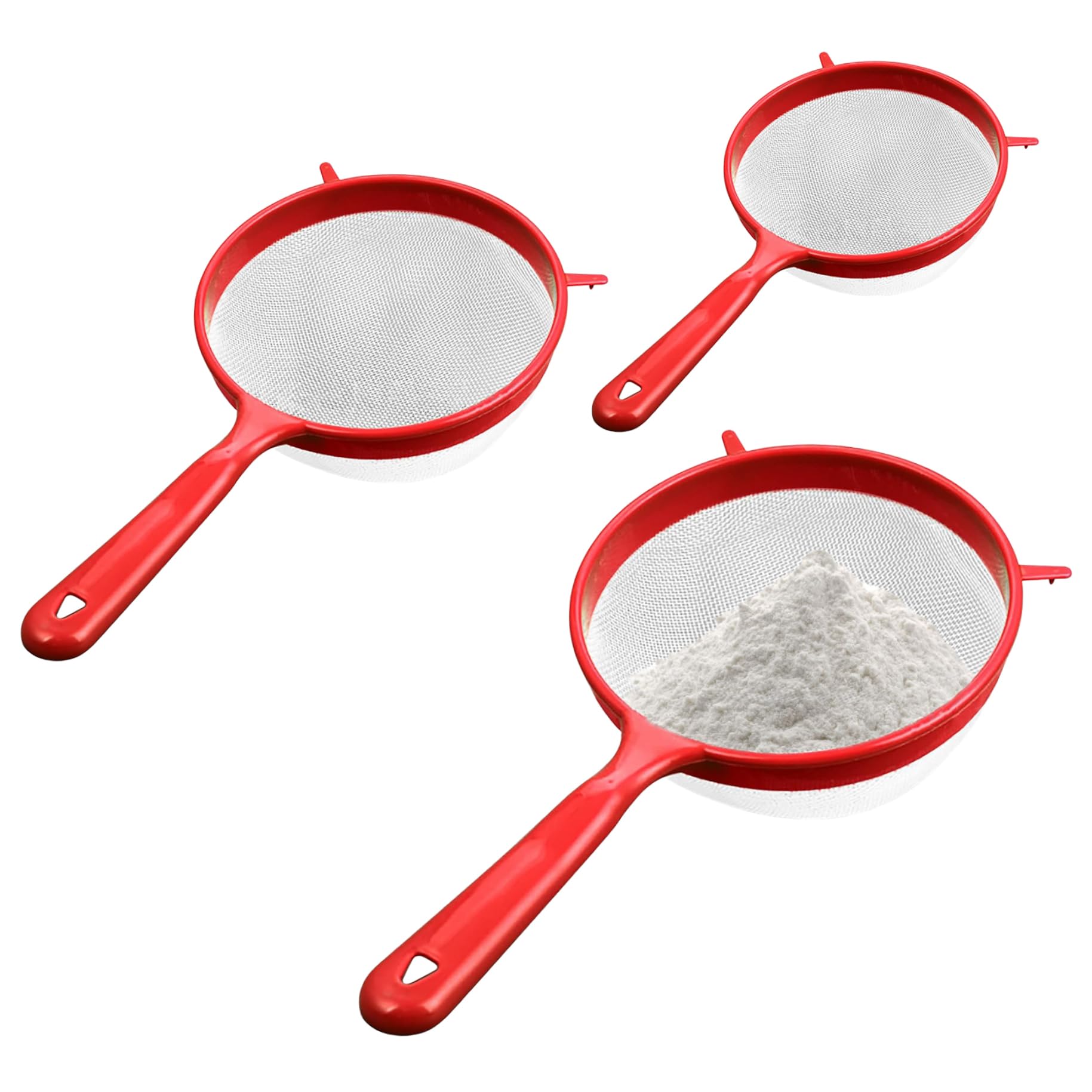 Ngbbby Kitchen Sieve, 3 Sizes (3/4/5" dia.) Fine Mesh Sieves for Cooking, Plastic Handled Strainer for Flour Food Washing Draining Pasta Spaghetti Rice Vegetable, Red, Sieves for Cooking