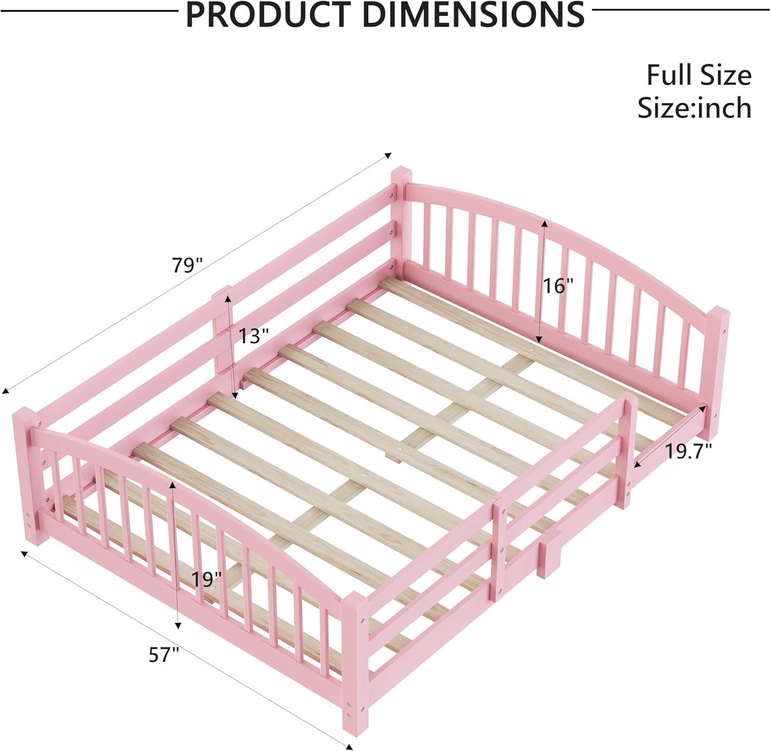 Bellemave Full Size Montessori Floor Bed with Slats and Center Support Bar, Full Size Montessori Bed with Fence and Headboard, Easy Assemble Floor Bed Frame for Girls, Boys Pink