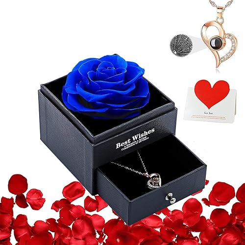 Regalo de collar y rosa eterna rosa preservada hecha a mano y collar con frase Te amo en 100 idiomas regalo para el Día de San Valentín Día de la