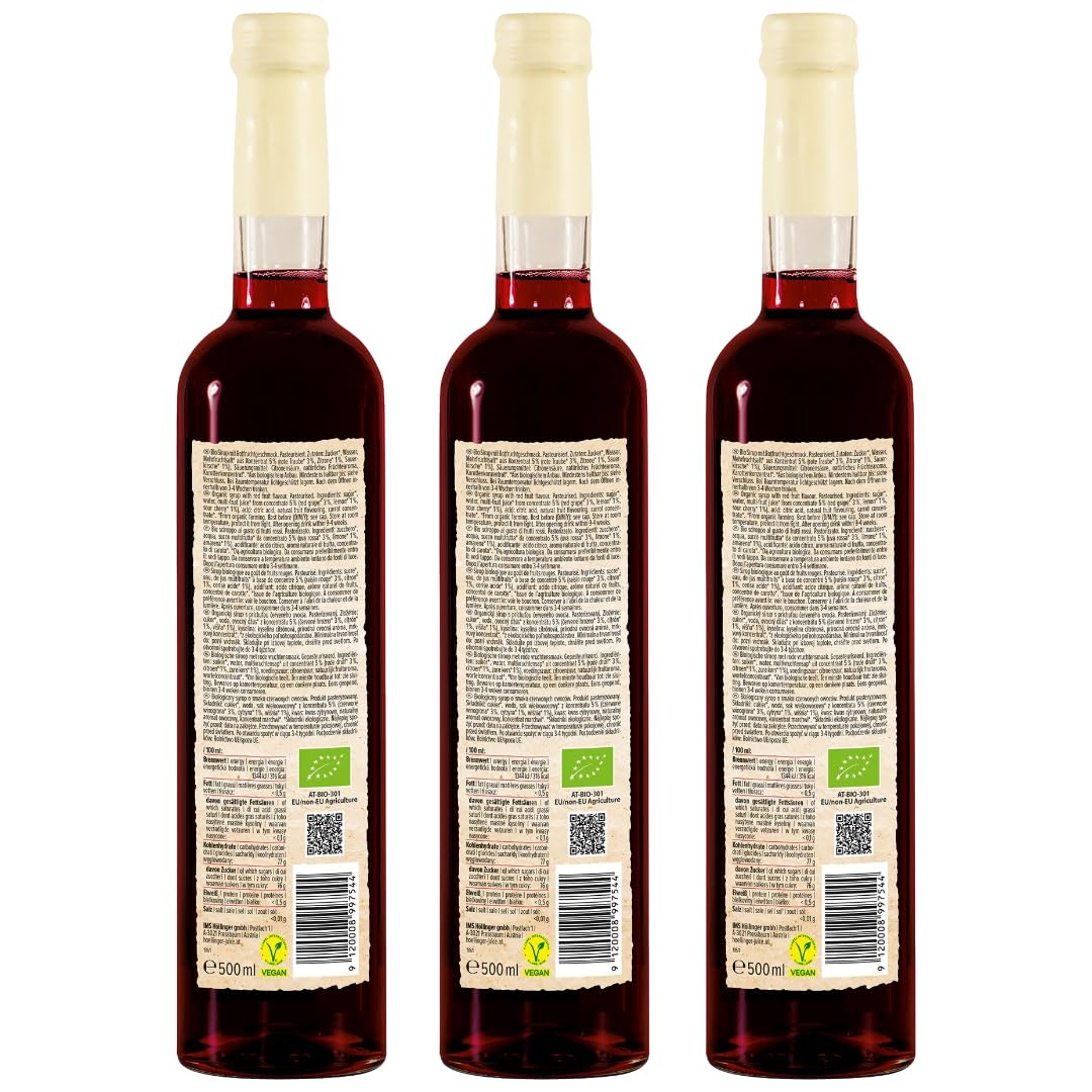 Höllinger Sciroppo Biologico Frutti Rossi, Concentrato 1:9, Confezione da 3 Bottiglie da 500ml